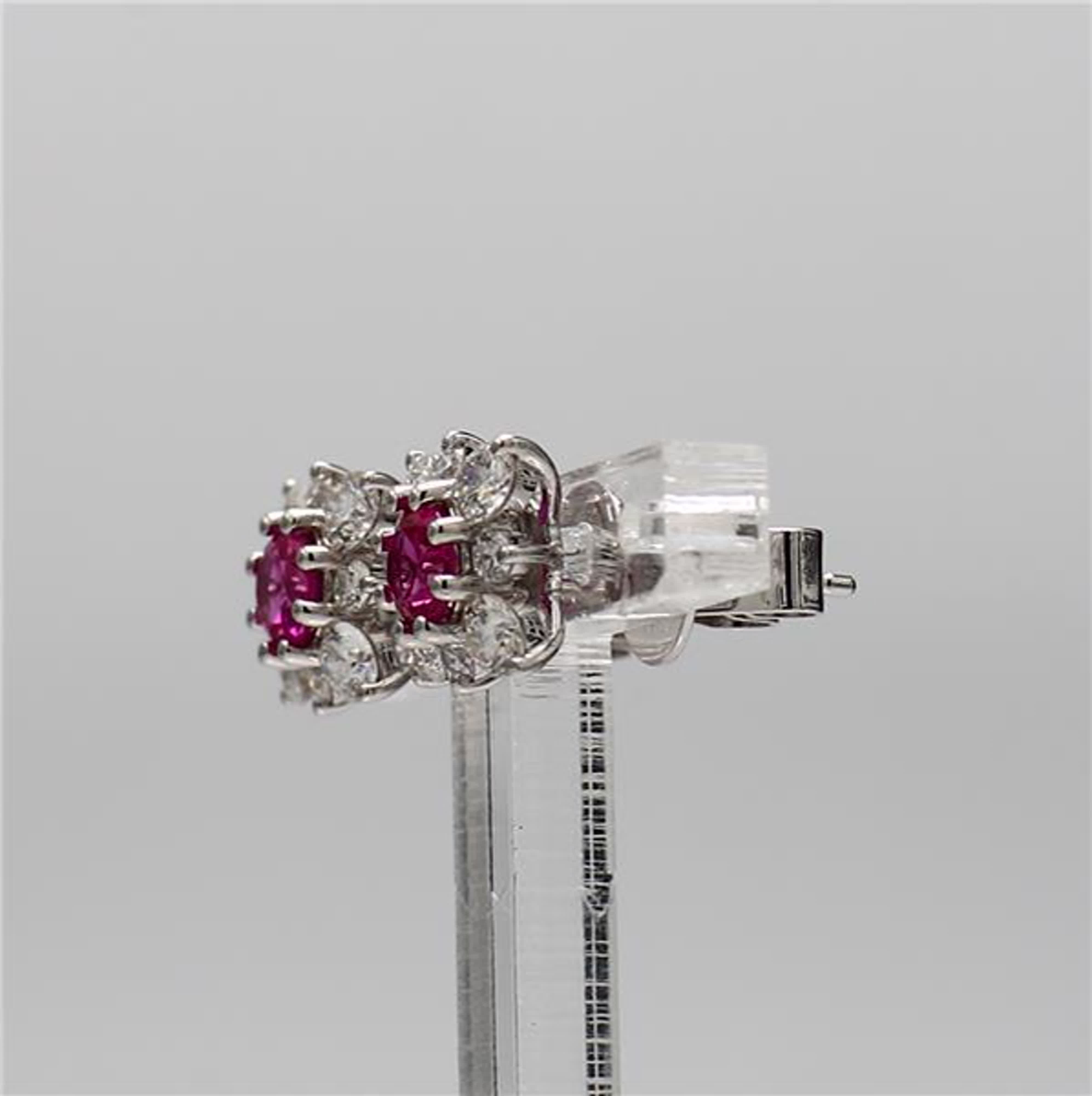 Natural Red Round Ruby and White Diamond 1.47 Carat TW White Gold Stud Earrings