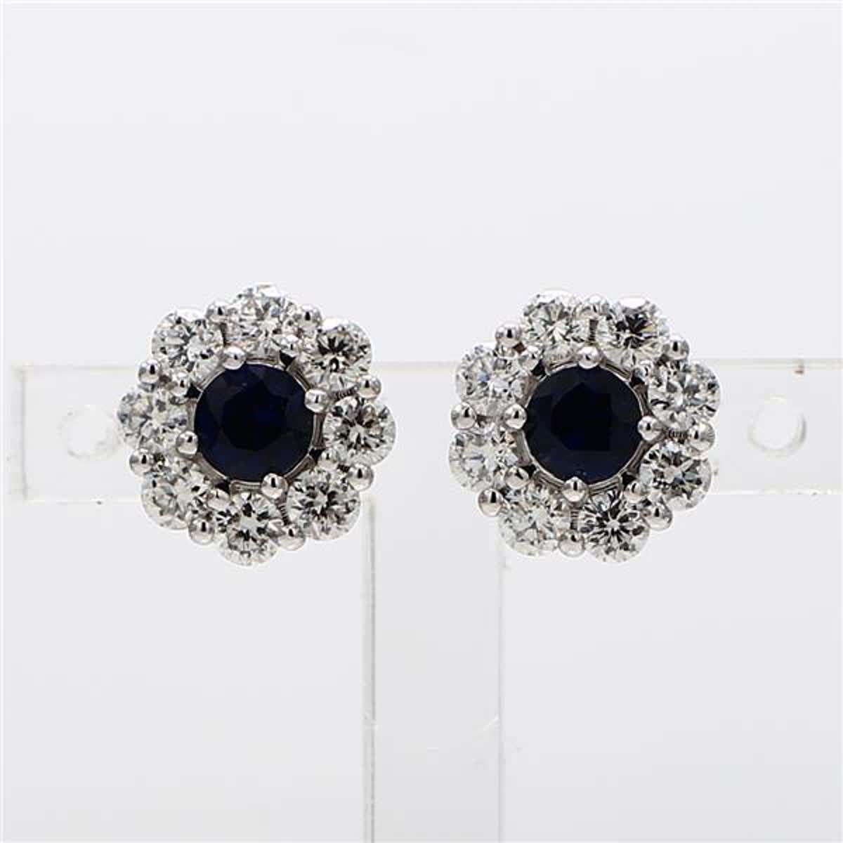 Natural Blue Round Sapphire and White Diamond 1.73 Carat TW Gold Stud Earrings