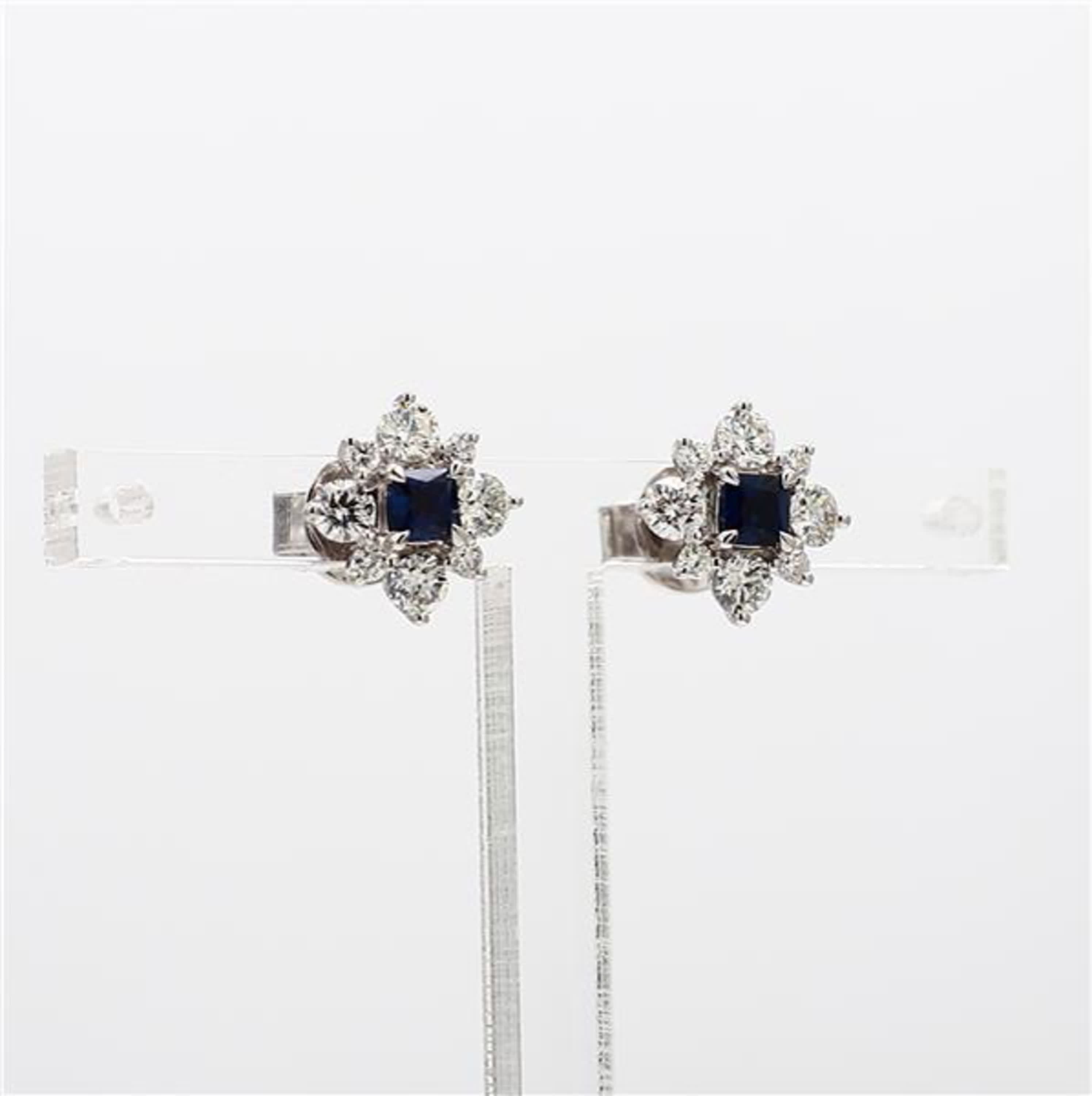 Natural Blue Princess Sapphire and White Diamond 1.28 Carat TW Gold Earrings