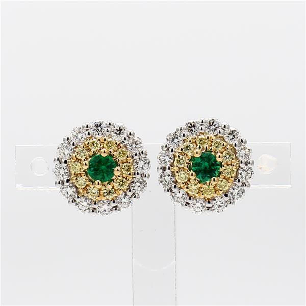Natural Round Emerald and Diamond .93 Carat TW Yellow Gold Stud Earrings