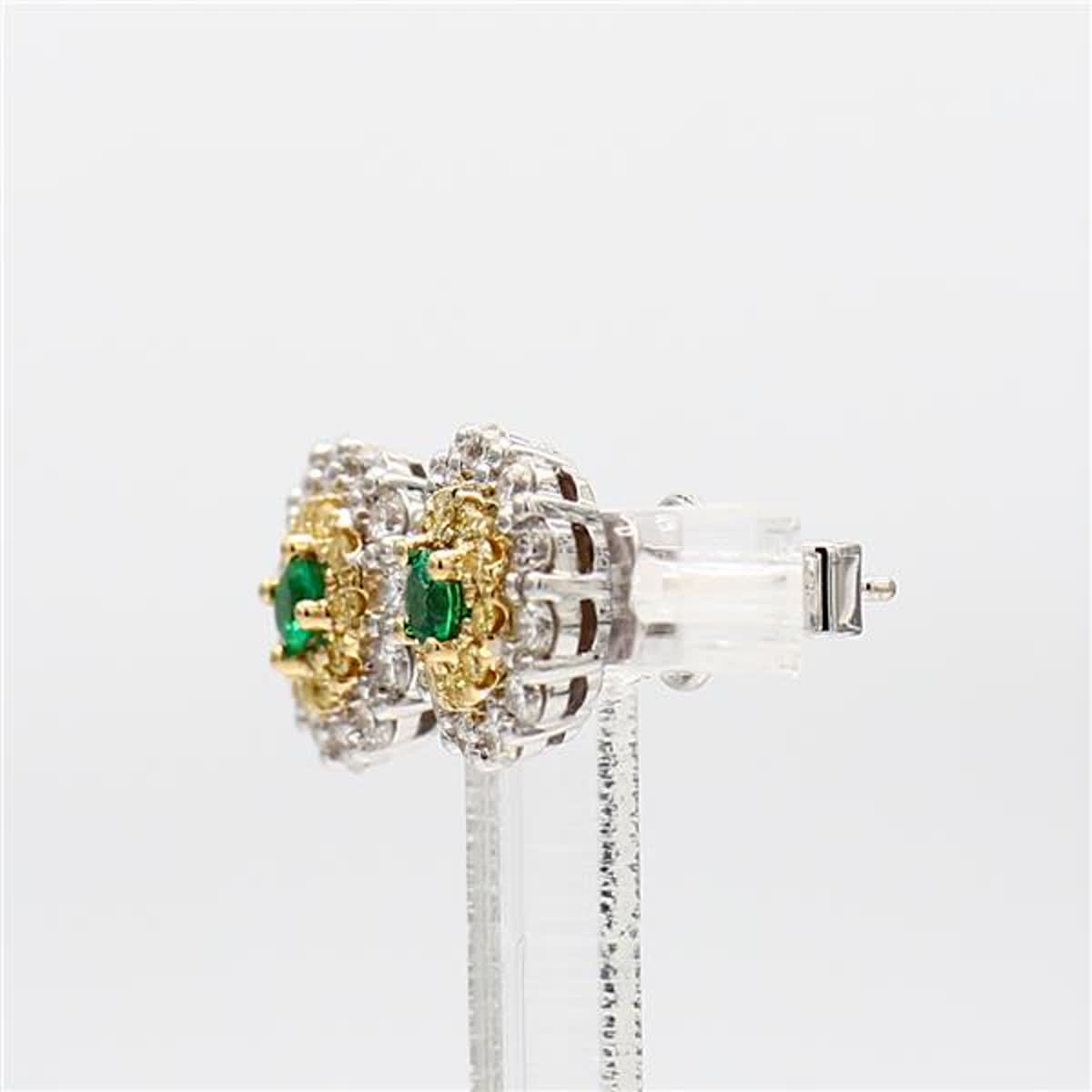 Natural Round Emerald and Diamond .93 Carat TW Yellow Gold Stud Earrings