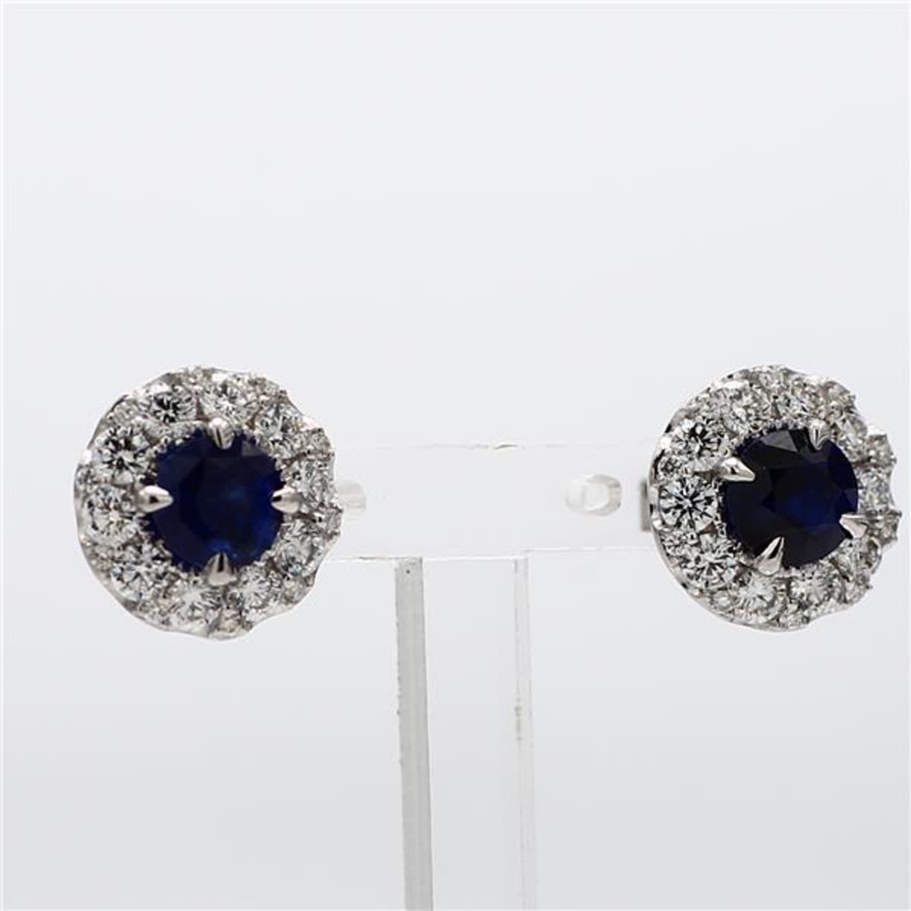 Natural Blue Round Sapphire and White Diamond 3.41 Carat TW Gold Stud Earrings