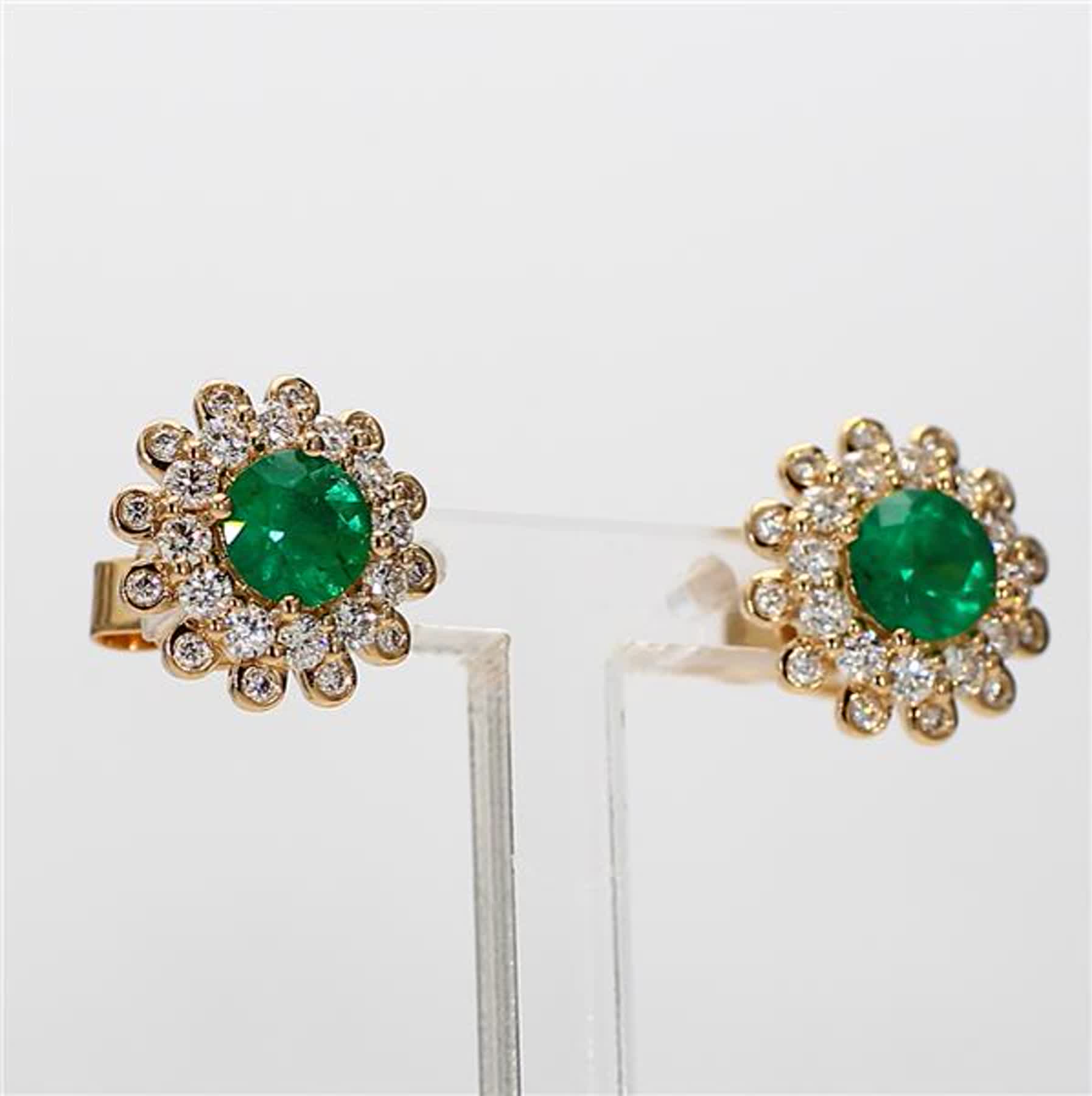 Natural Round Emerald and White Diamond 1.70 Carat TW Yellow Gold Stud Earrings