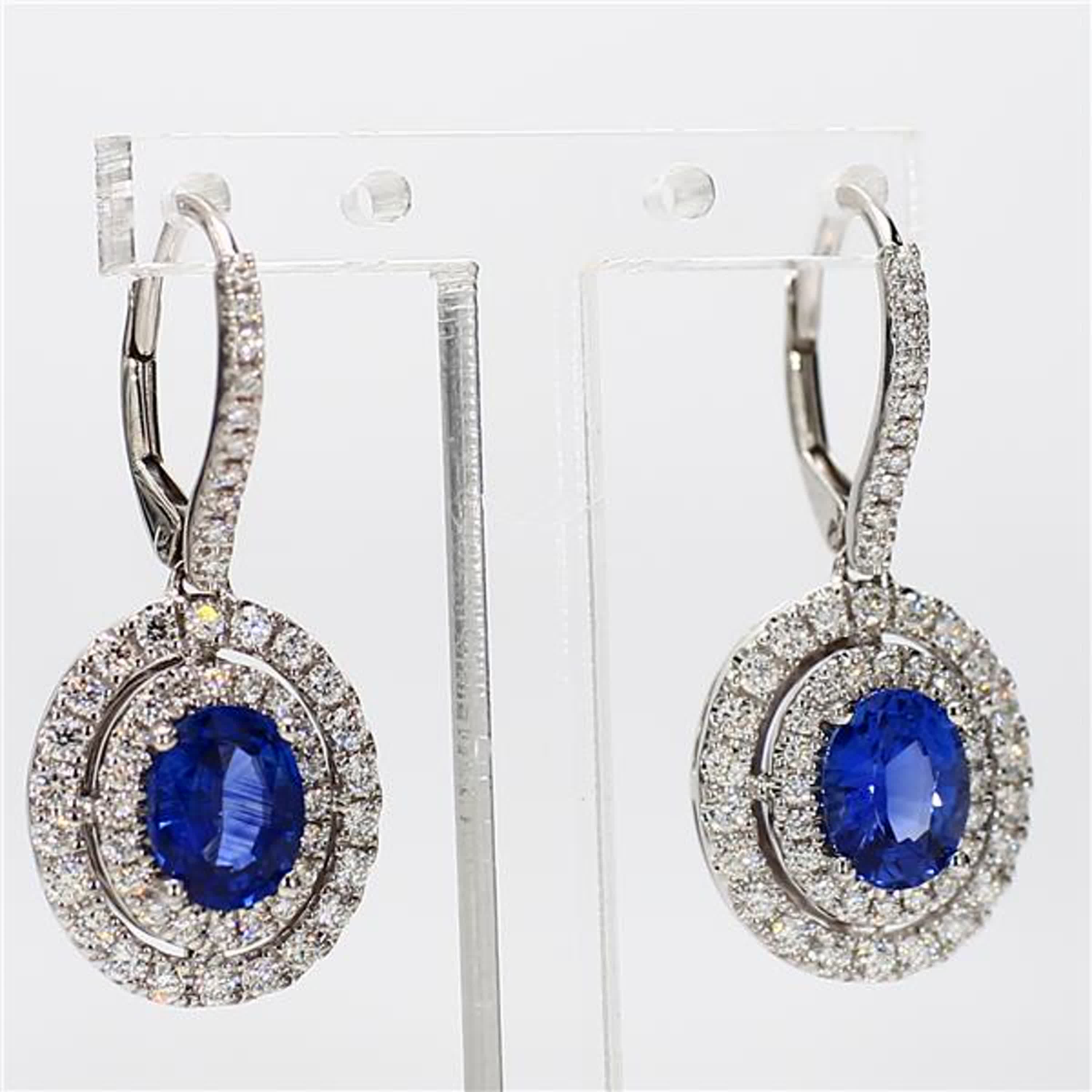 Natural Blue Oval Sapphire and White Diamond 2.97 Carat TW Gold Drop Earrings