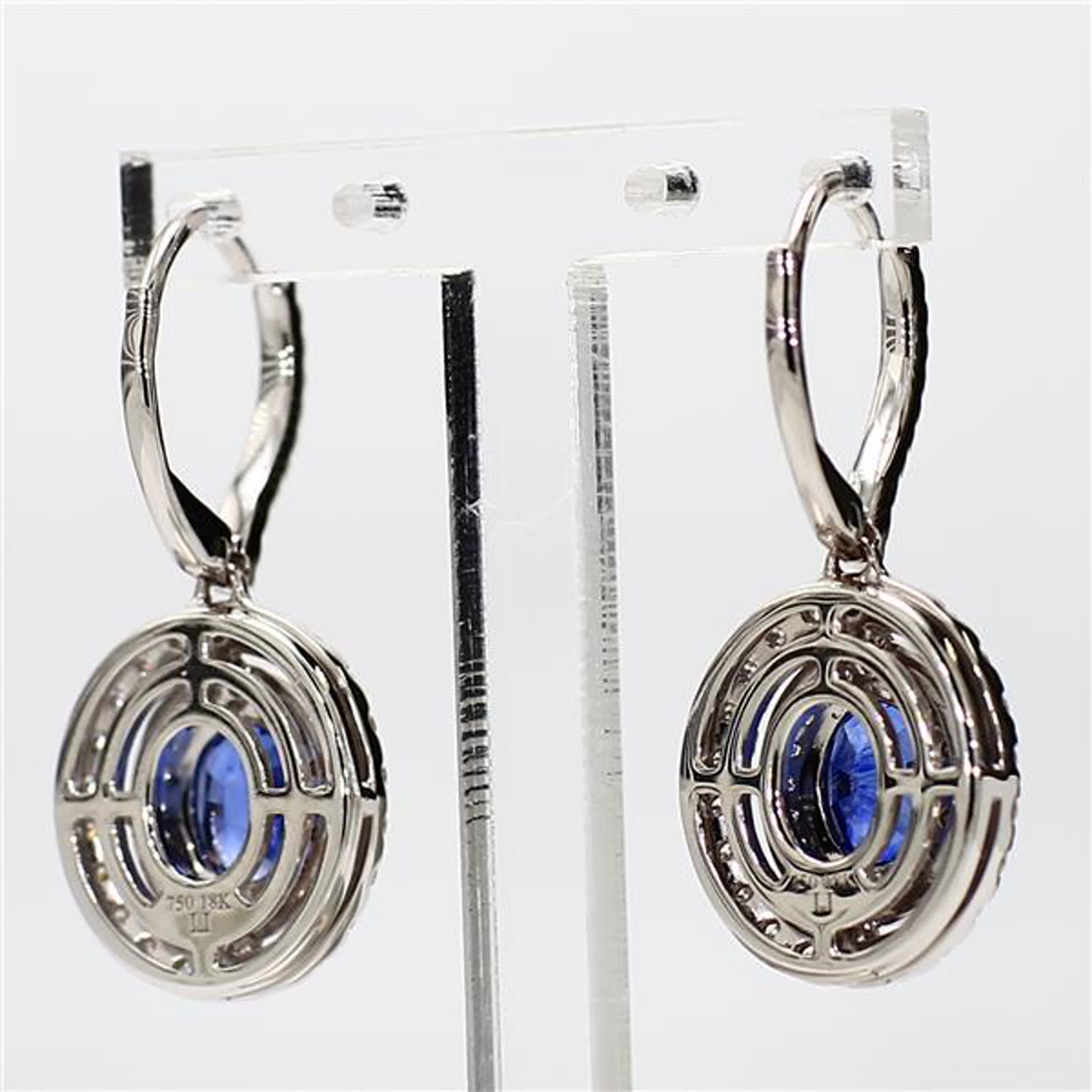 Natural Blue Oval Sapphire and White Diamond 2.97 Carat TW Gold Drop Earrings