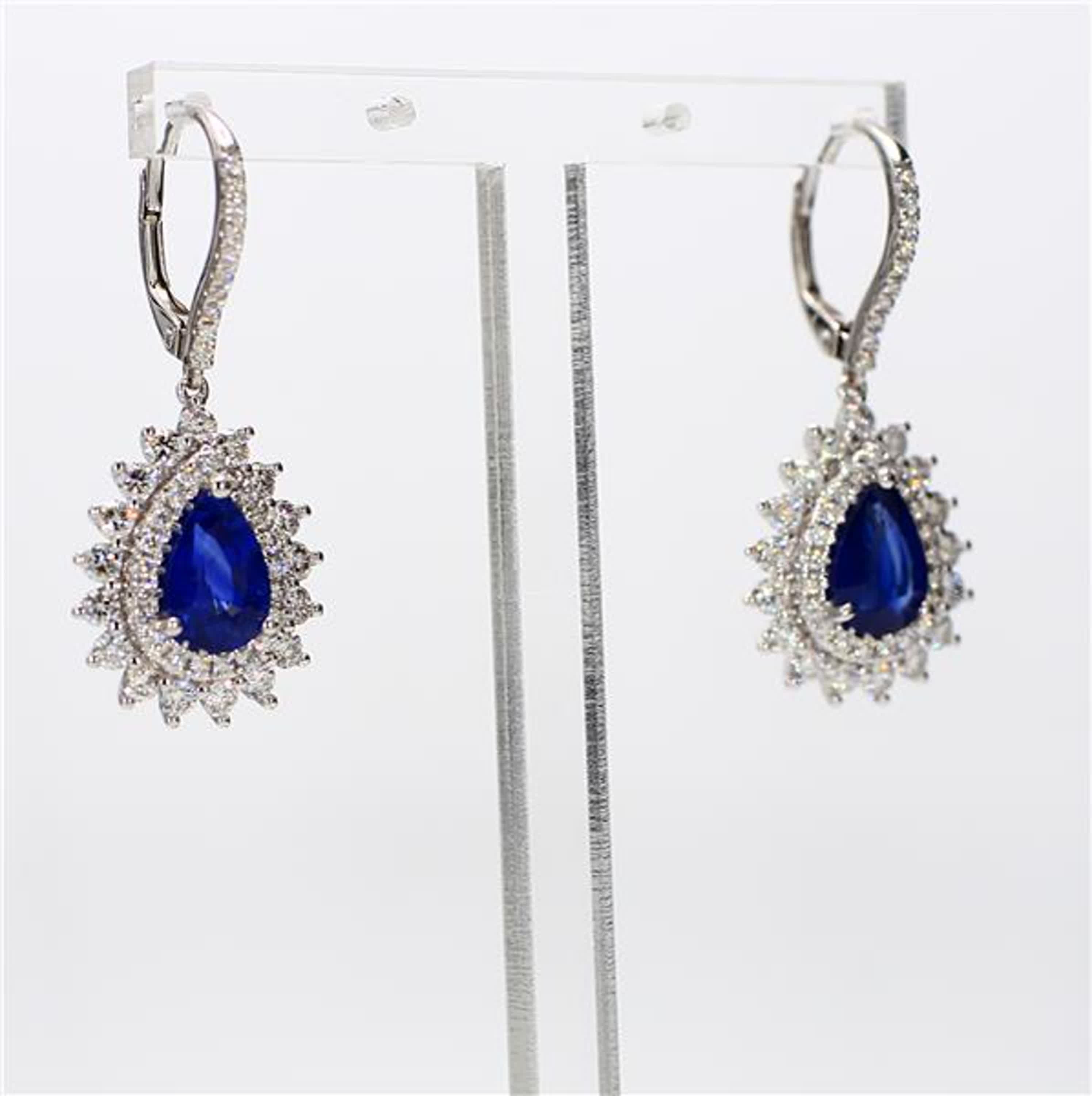 Natural Blue Pear Sapphire and White Diamond 4.40 Carat TW Gold Drop Earrings
