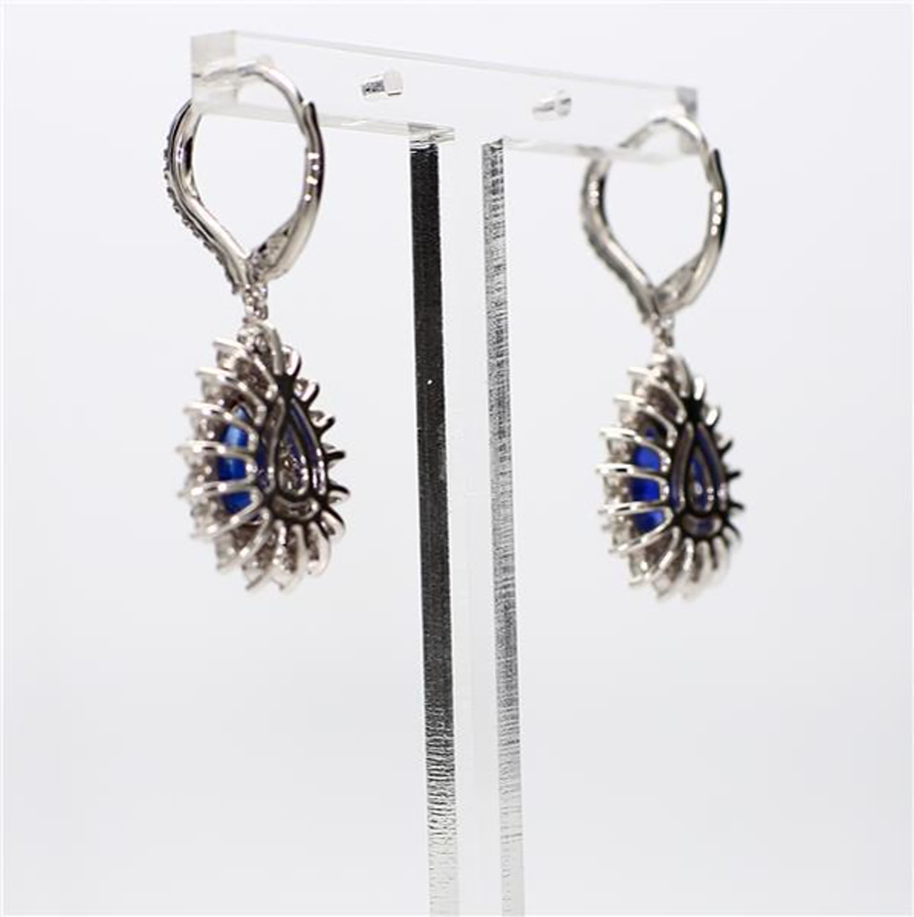 Natural Blue Pear Sapphire and White Diamond 4.40 Carat TW Gold Drop Earrings