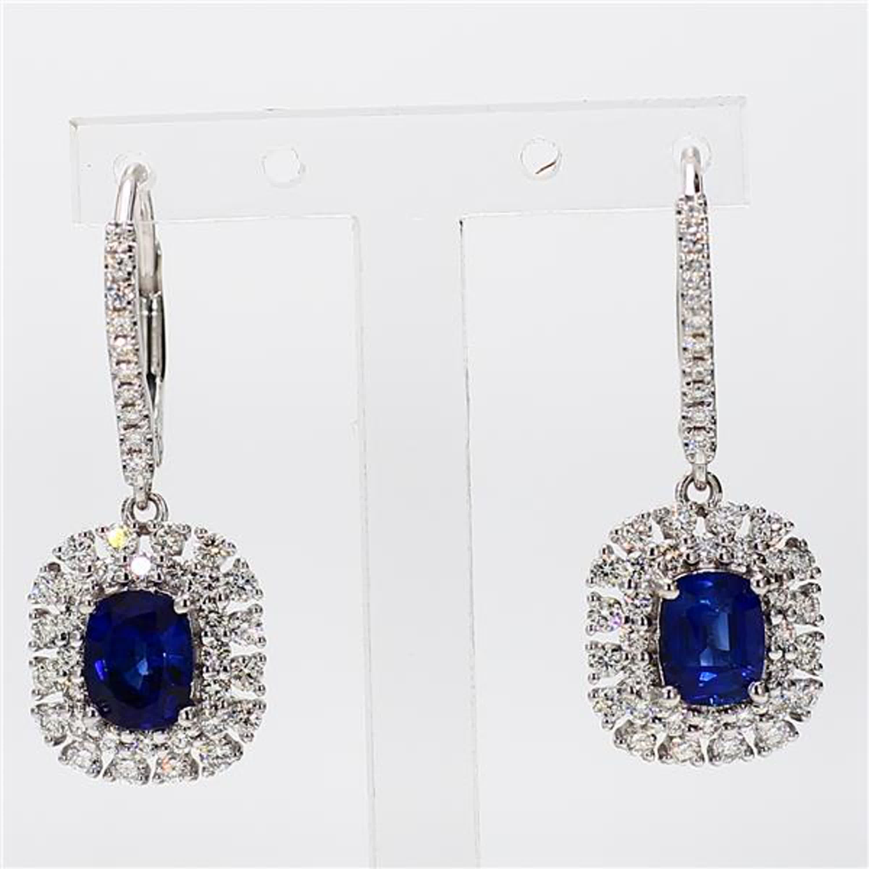 Natural Blue Cushion Sapphire and White Diamond 2.53 Carat TW Gold Drop Earrings