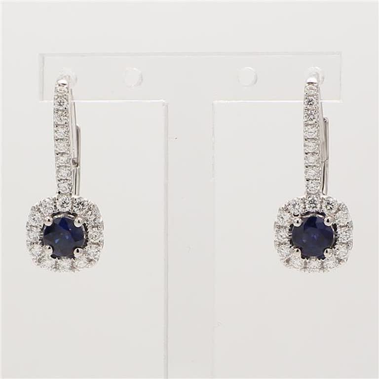 Natural Blue Round Sapphire and White Diamond 1.05 Carat TW Gold Drop Earrings