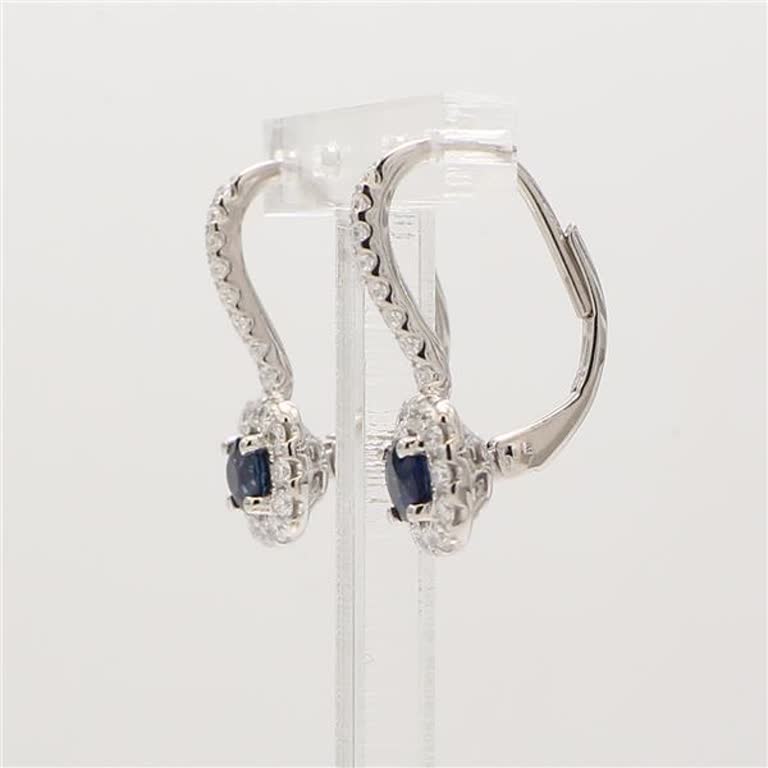 Natural Blue Round Sapphire and White Diamond 1.05 Carat TW Gold Drop Earrings