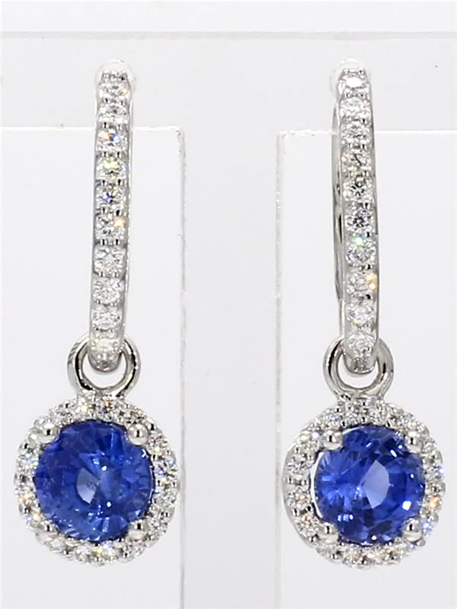 Natural Blue Round Sapphire and White Diamond 2.28 Carat TW Gold Drop Earrings