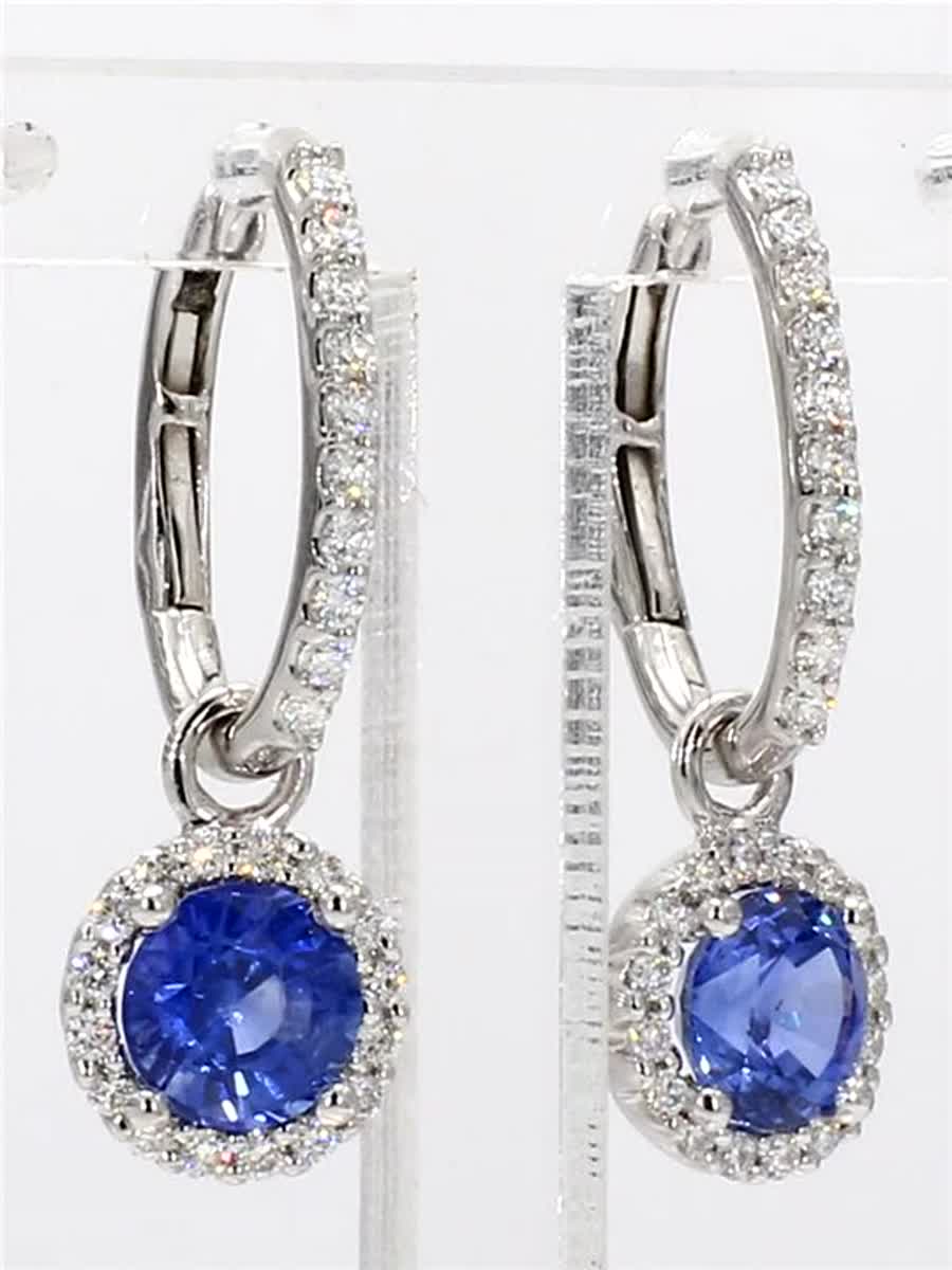 Natural Blue Round Sapphire and White Diamond 2.28 Carat TW Gold Drop Earrings