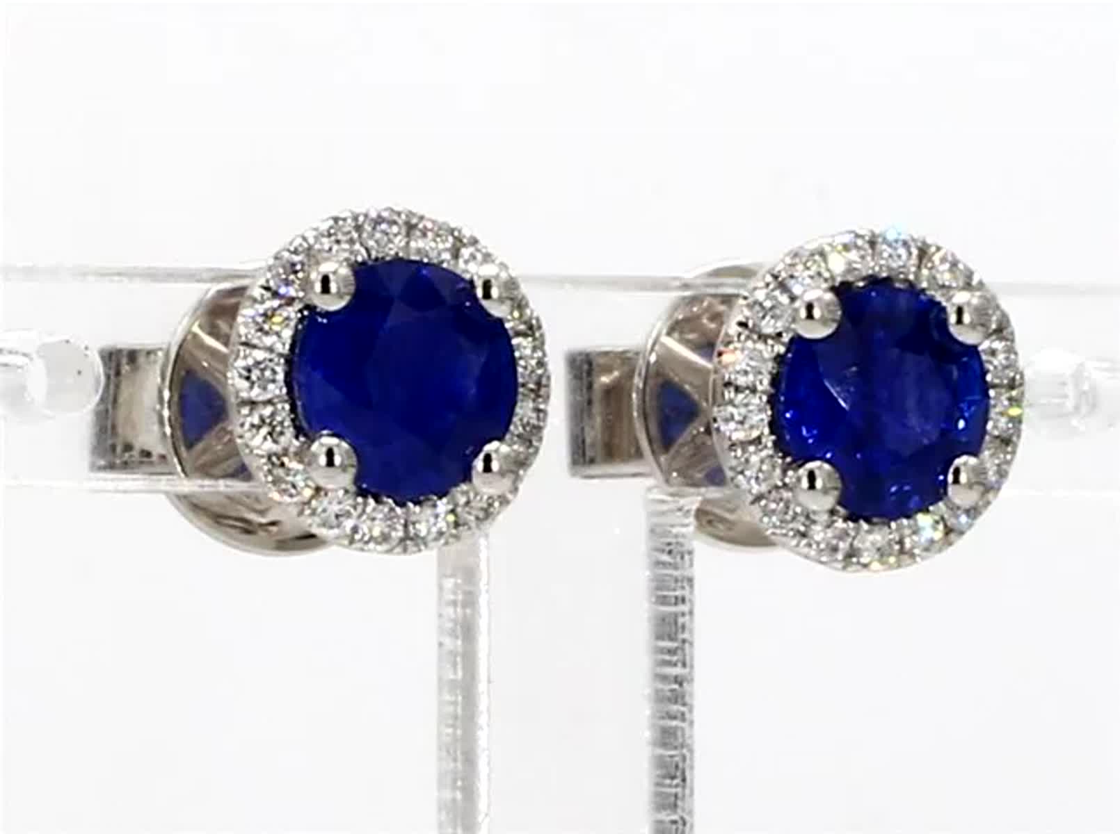 Natural Blue Round Sapphire and White Diamond 1.34 Carat TW Gold Stud Earrings