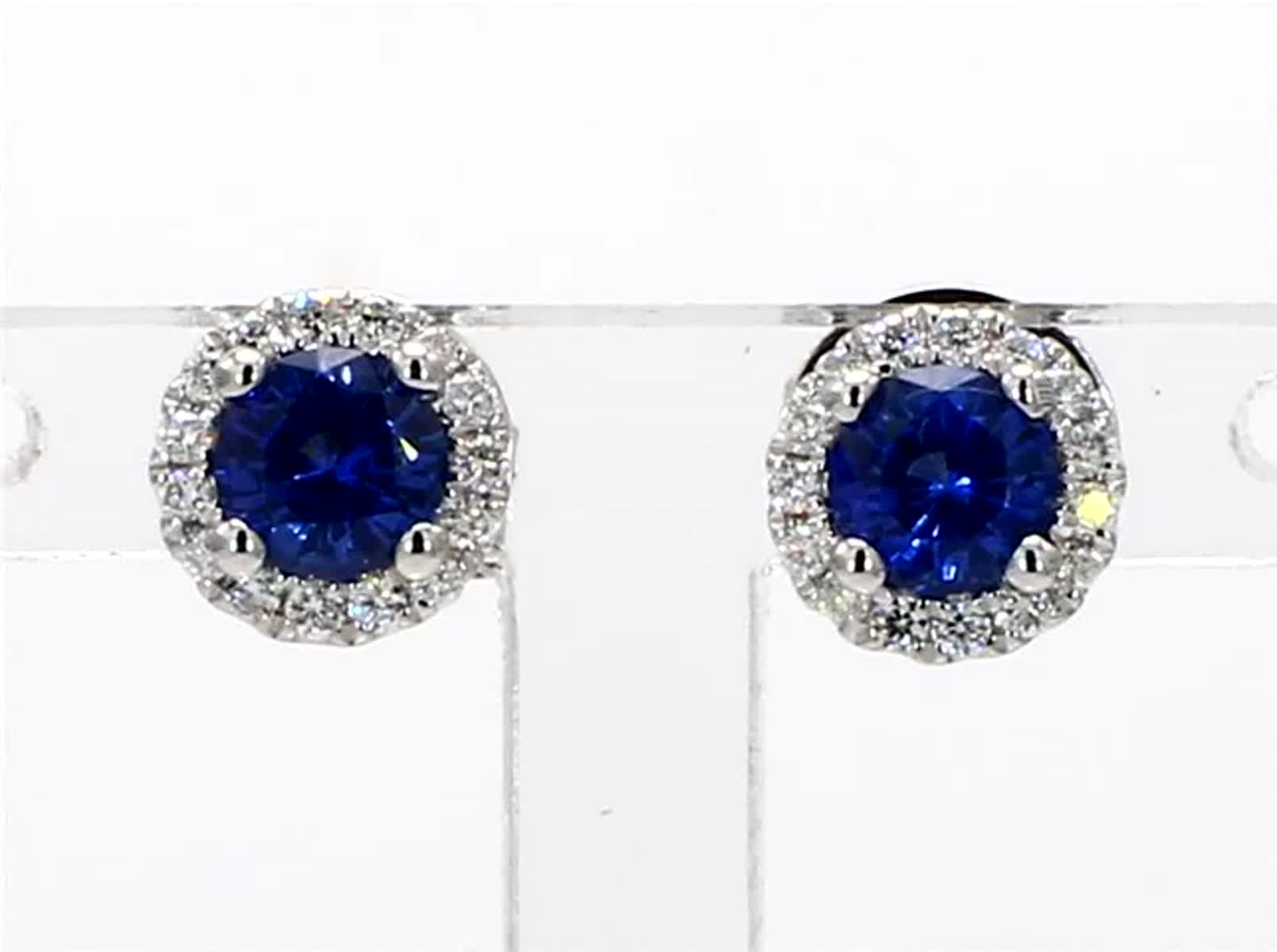 Natural Blue Round Sapphire and White Diamond .96 Carat TW Gold Stud Earrings