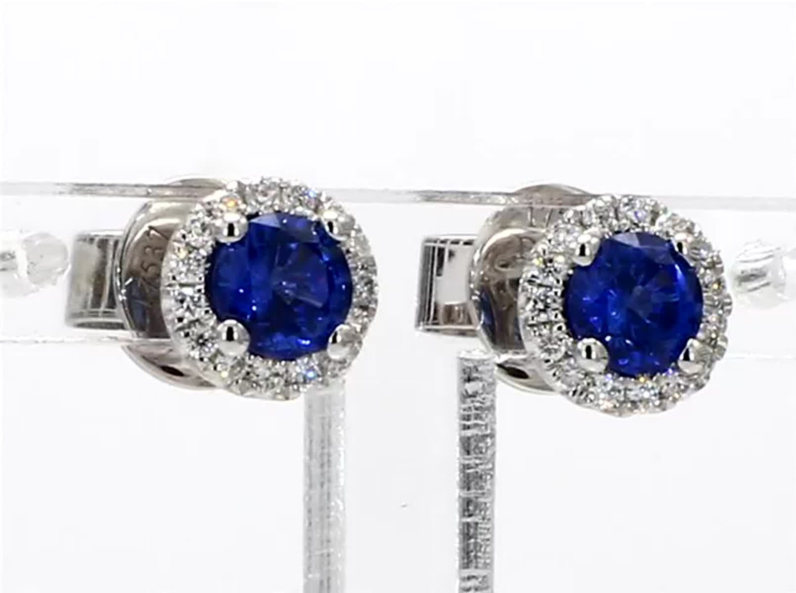 Natural Blue Round Sapphire and White Diamond .96 Carat TW Gold Stud Earrings