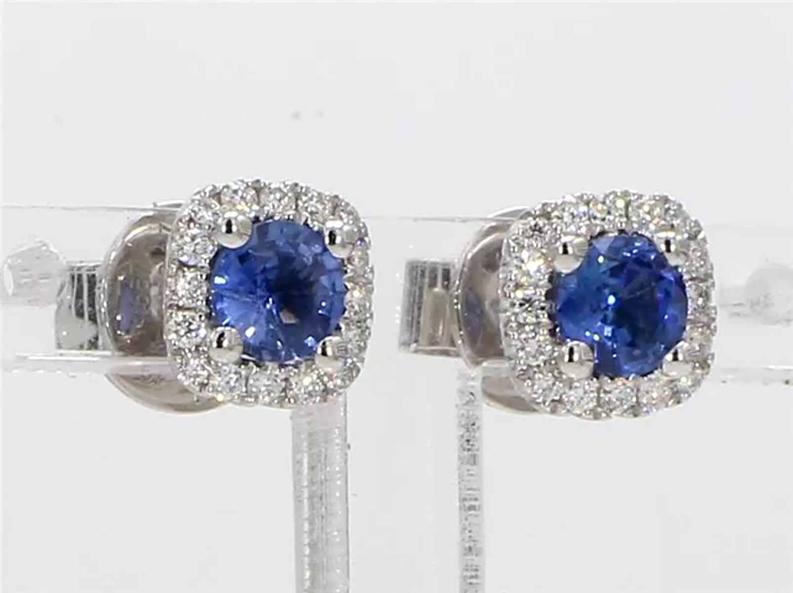 Natural Blue Round Sapphire and White Diamond .89 Carat TW Gold Stud Earrings