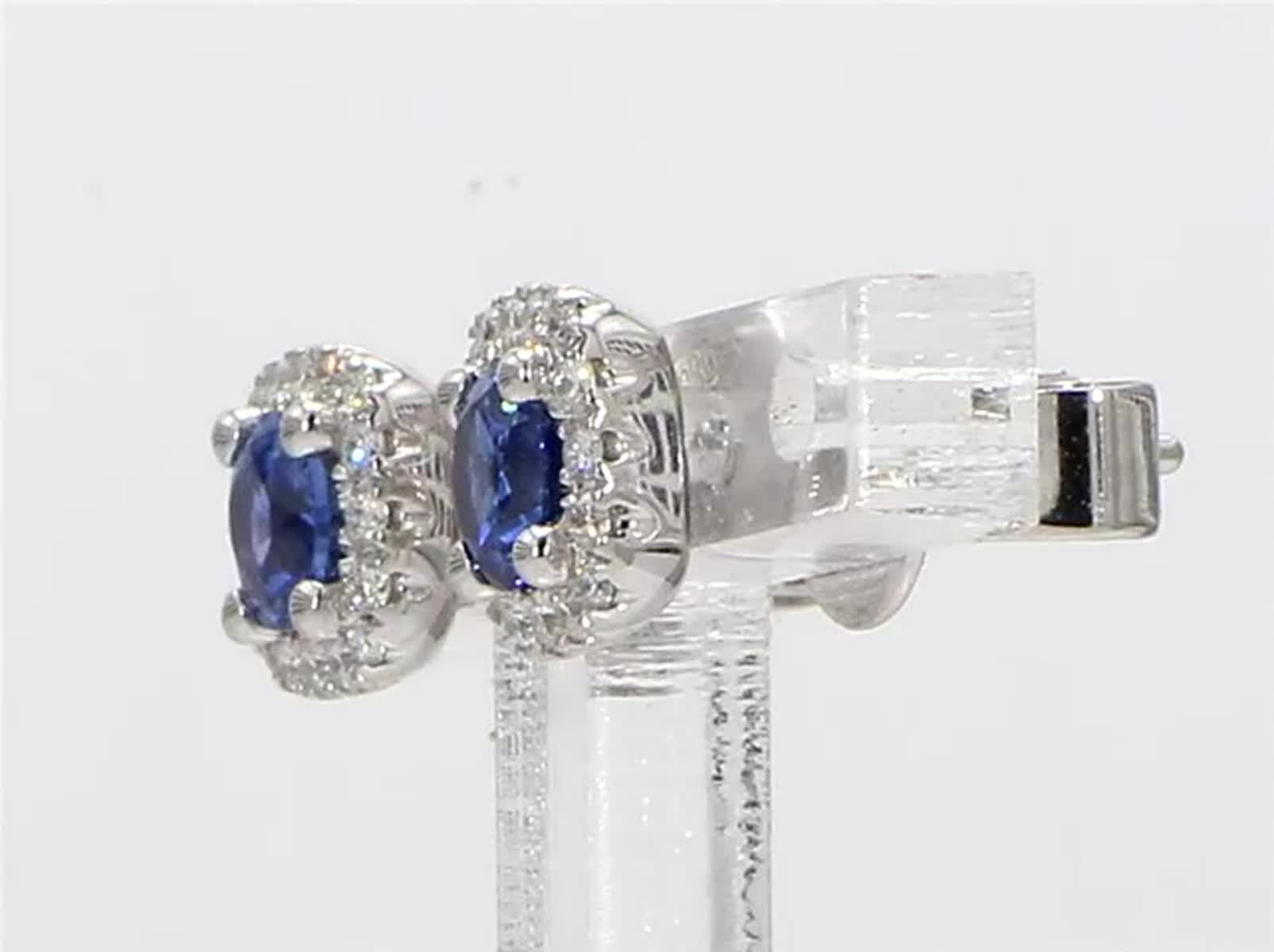 Natural Blue Round Sapphire and White Diamond .89 Carat TW Gold Stud Earrings
