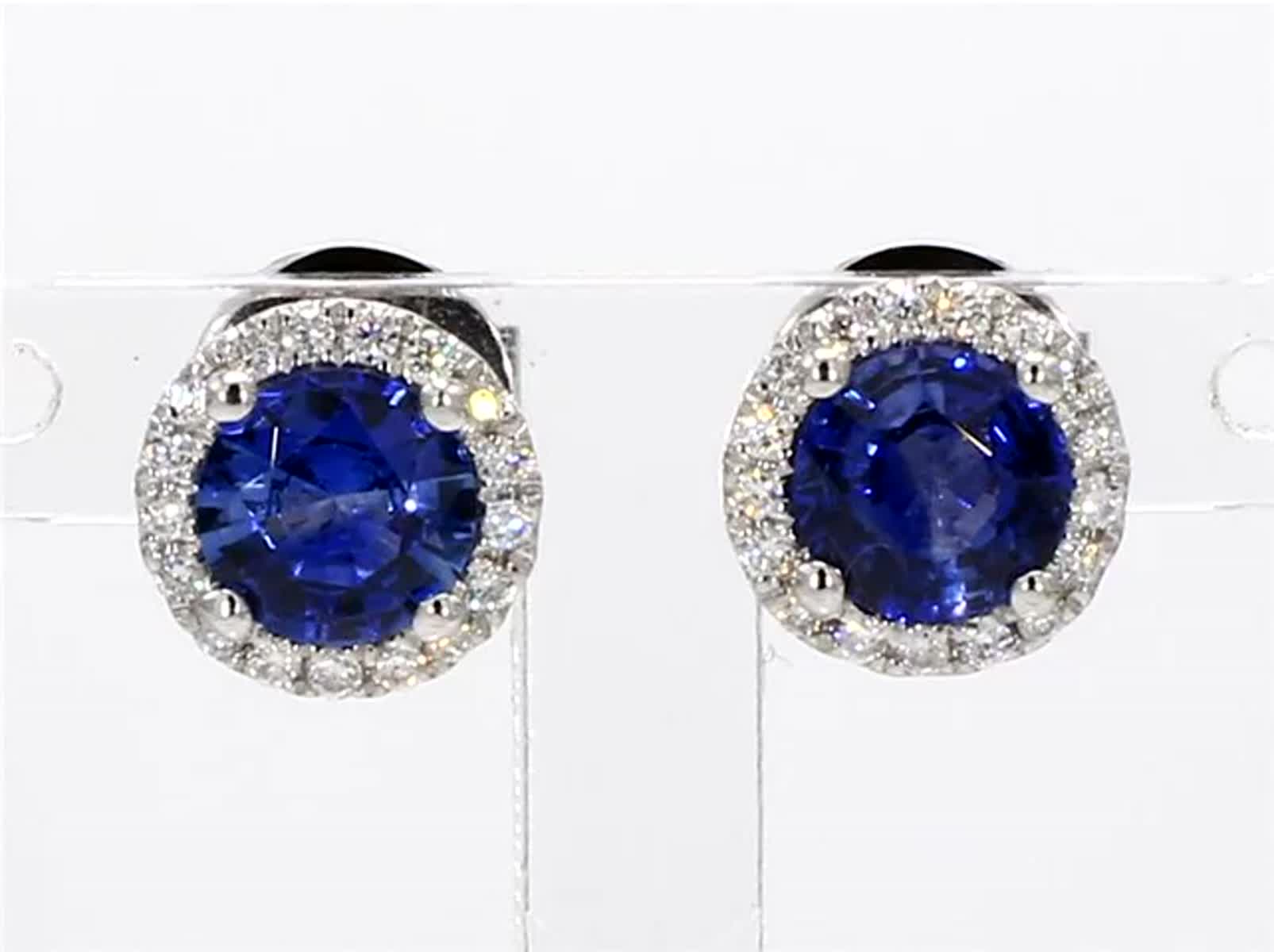 Natural Blue Round Sapphire and White Diamond 1.75 Carat TW Gold Stud Earrings