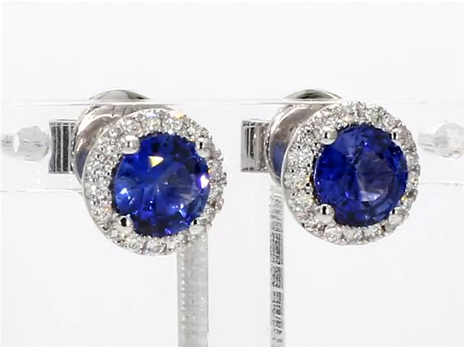 Natural Blue Round Sapphire and White Diamond 1.75 Carat TW Gold Stud Earrings