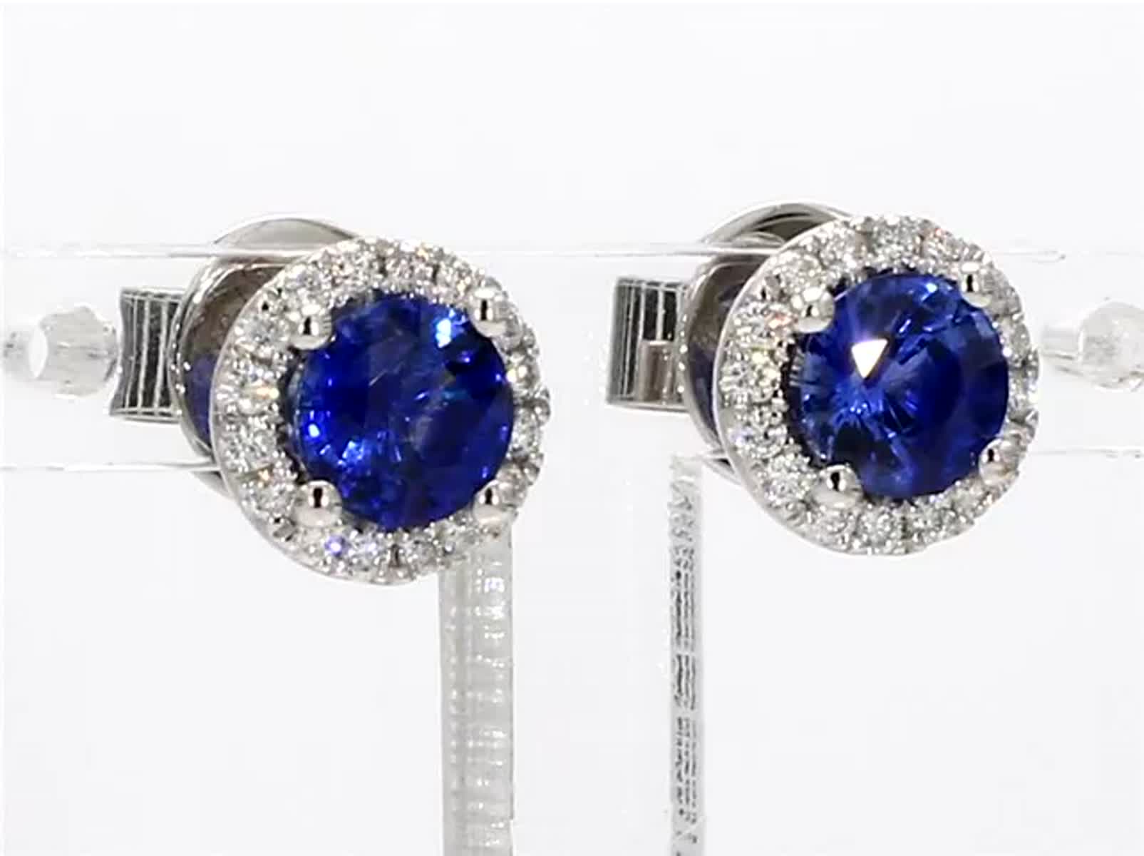 Natural Blue Round Sapphire and White Diamond 1.39 Carat TW Gold Stud Earrings