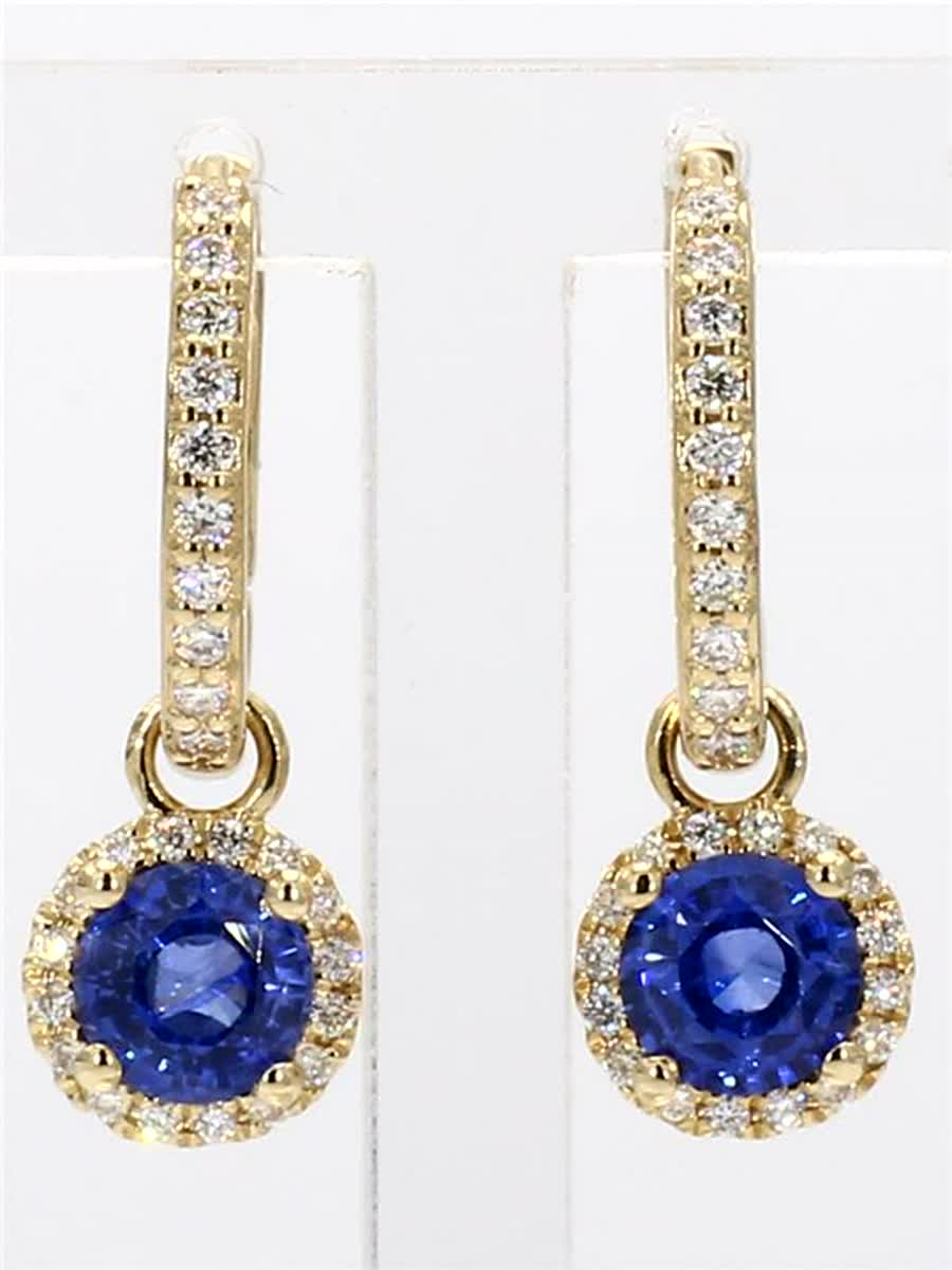 Natural Blue Round Sapphire and White Diamond 2.12 Carat TW Gold Drop Earrings