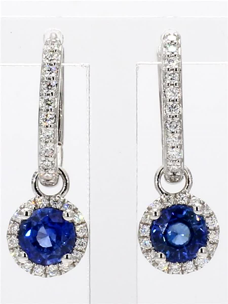 Natural Blue Round Sapphire and White Diamond 1.82 Carat TW Gold Drop Earrings