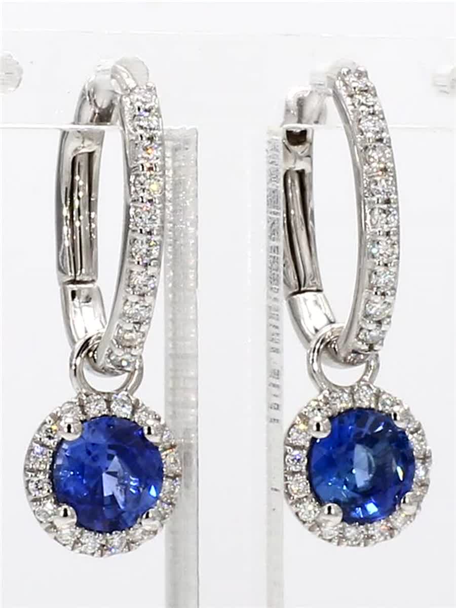 Natural Blue Round Sapphire and White Diamond 1.82 Carat TW Gold Drop Earrings