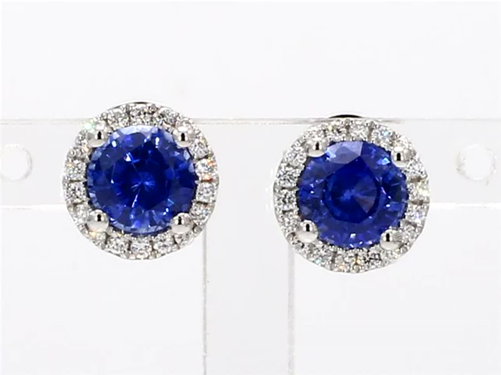 Natural Blue Round Sapphire and White Diamond 2.11 Carat TW Gold Stud Earrings