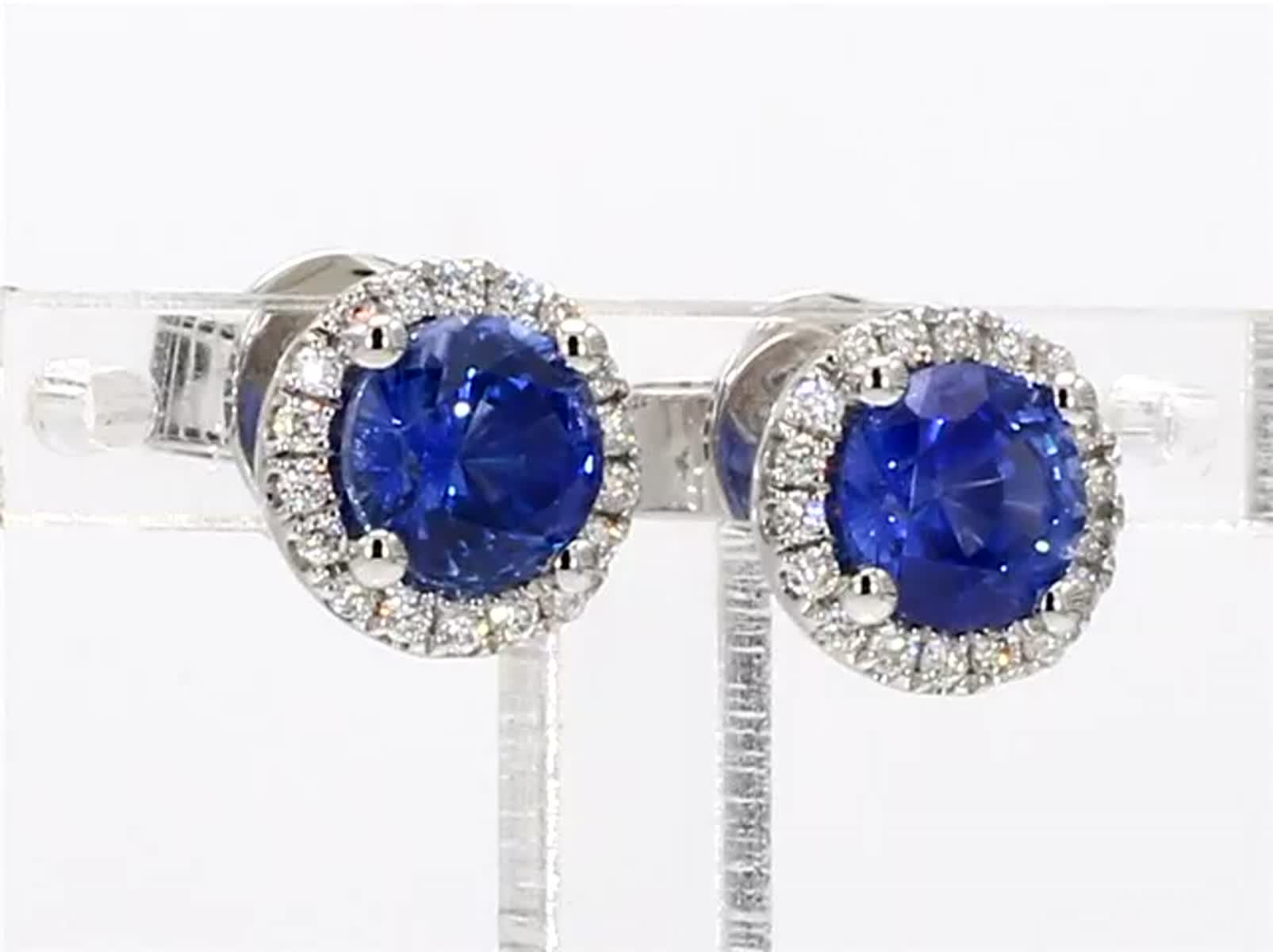 Natural Blue Round Sapphire and White Diamond 2.11 Carat TW Gold Stud Earrings