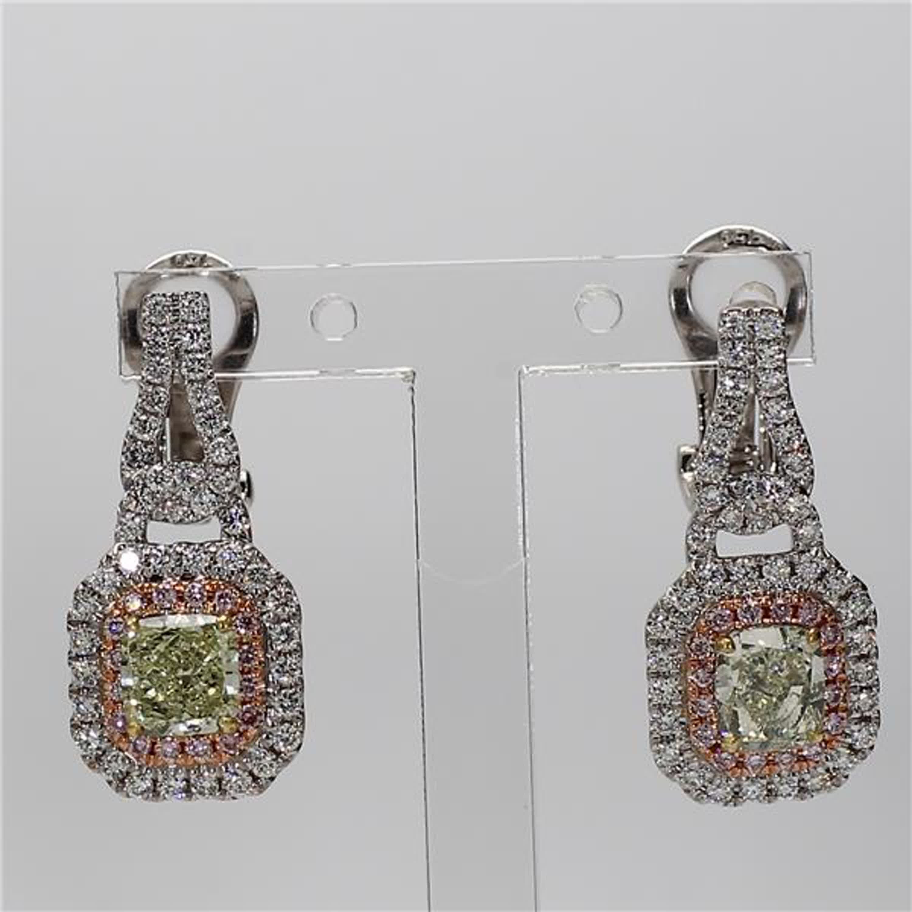 GIA Certified Natural Green Radiant and Pink Diamond 2.05 Carat TW Gold Earrings