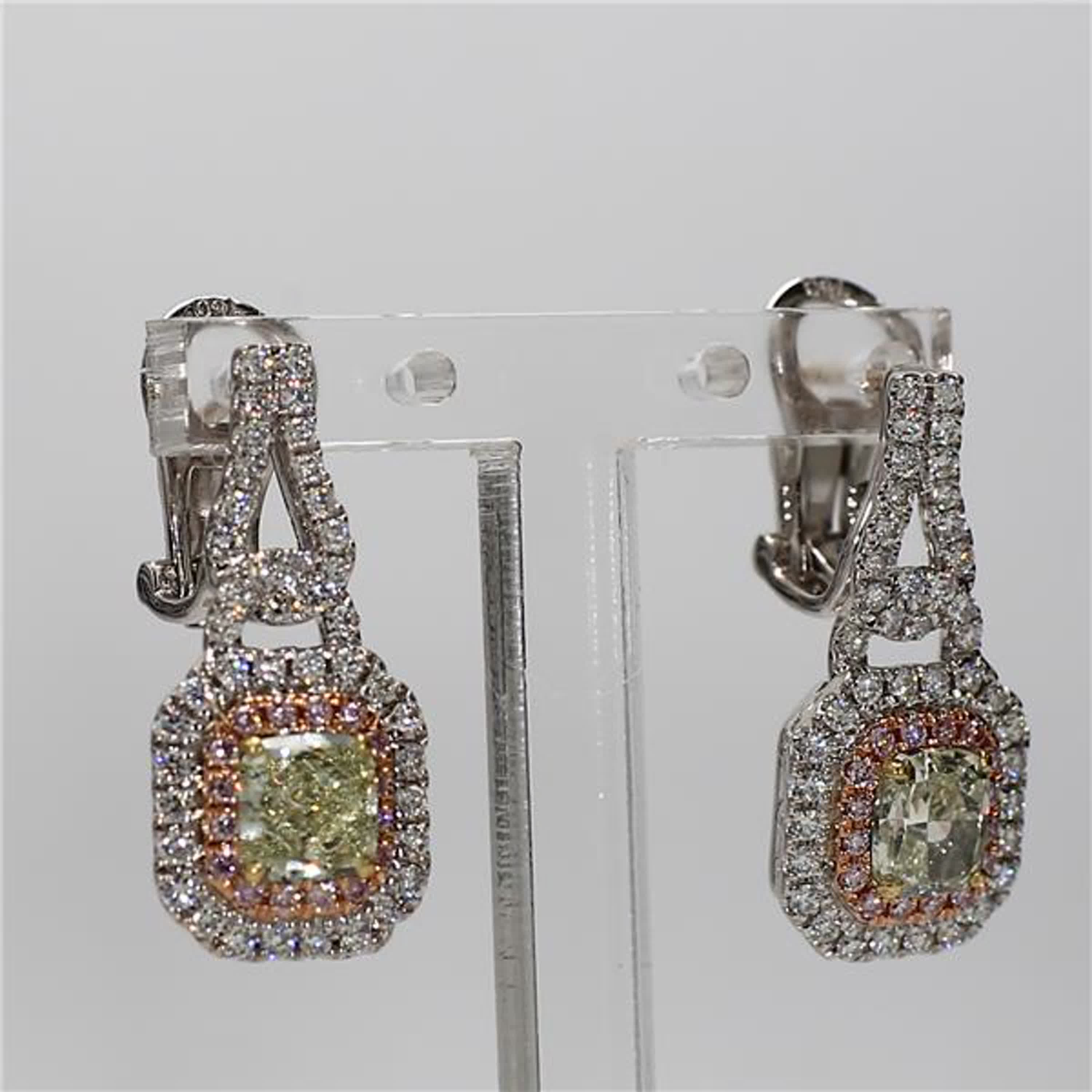 GIA Certified Natural Green Radiant and Pink Diamond 2.05 Carat TW Gold Earrings