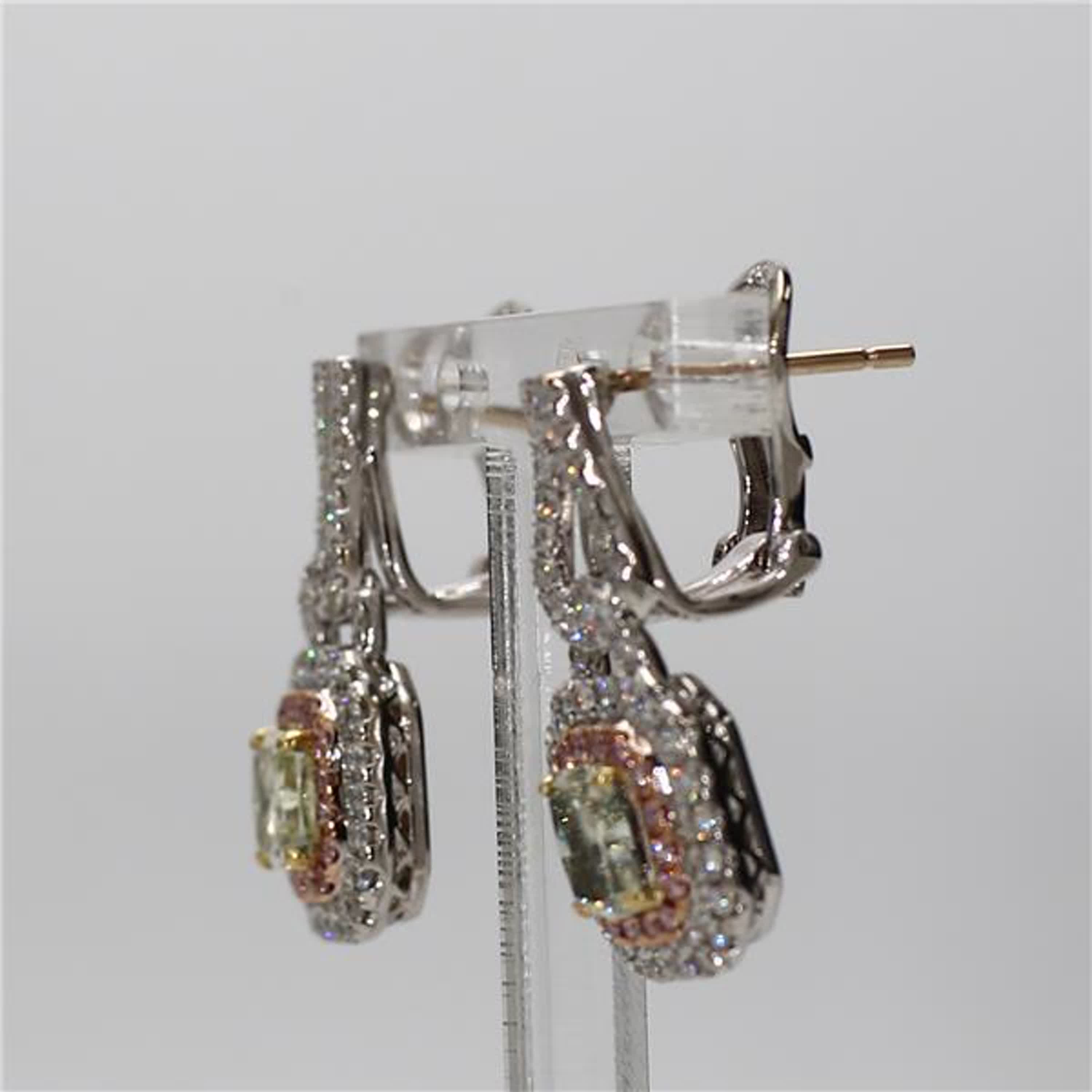 GIA Certified Natural Green Radiant and Pink Diamond 2.05 Carat TW Gold Earrings
