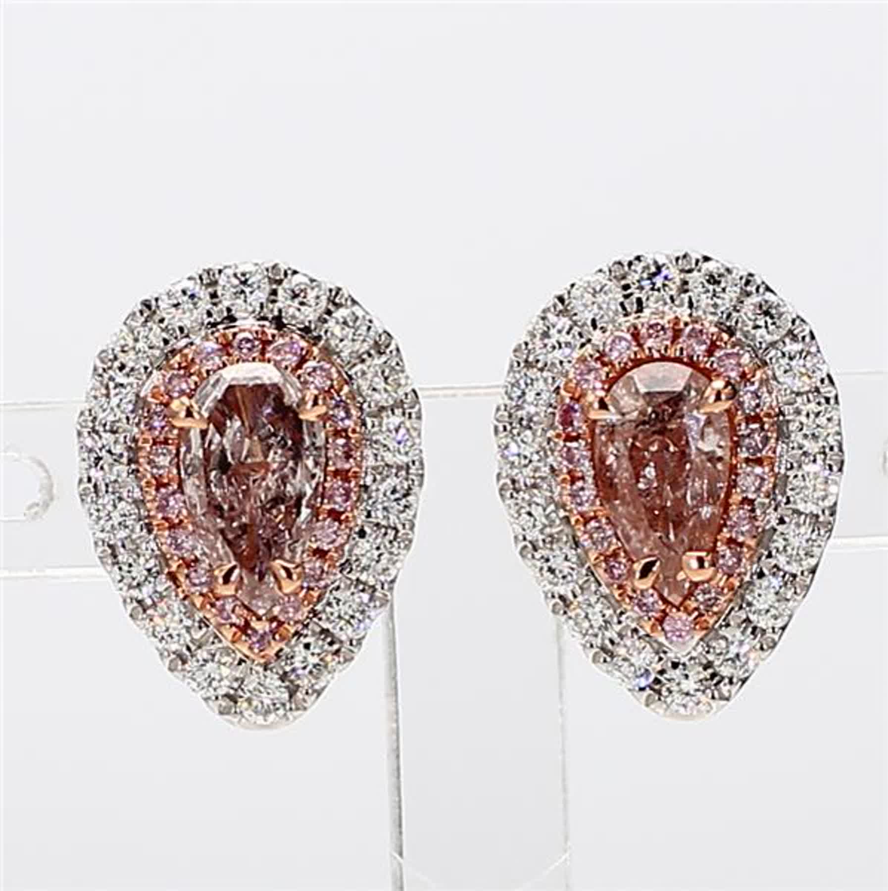 GIA Certified Natural Pink Pear and White Diamond 1.26 Carat TW Gold Earrings