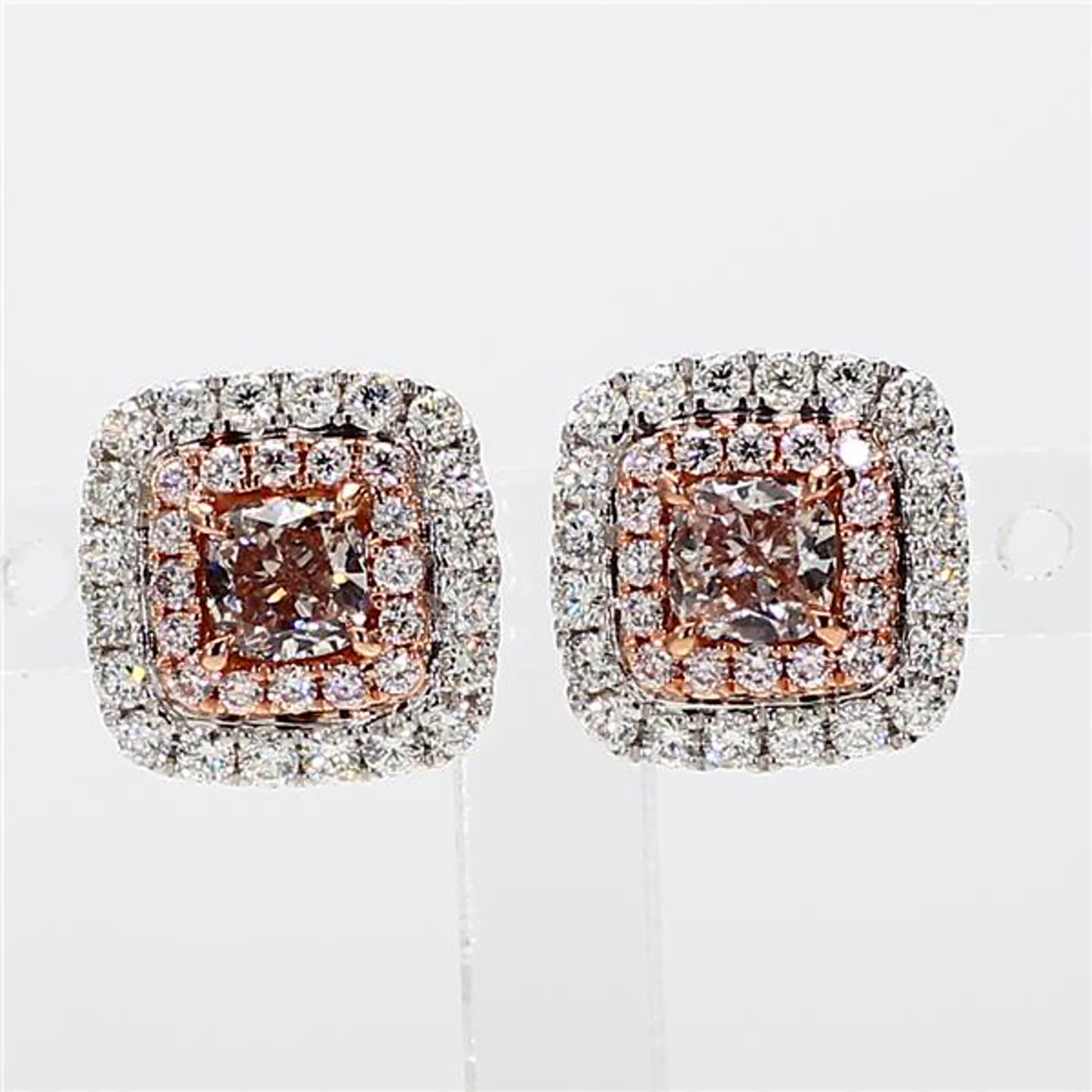 GIA Certified Natural Pink Cushion and White Diamond 1.36 Carat TW Gold Earrings