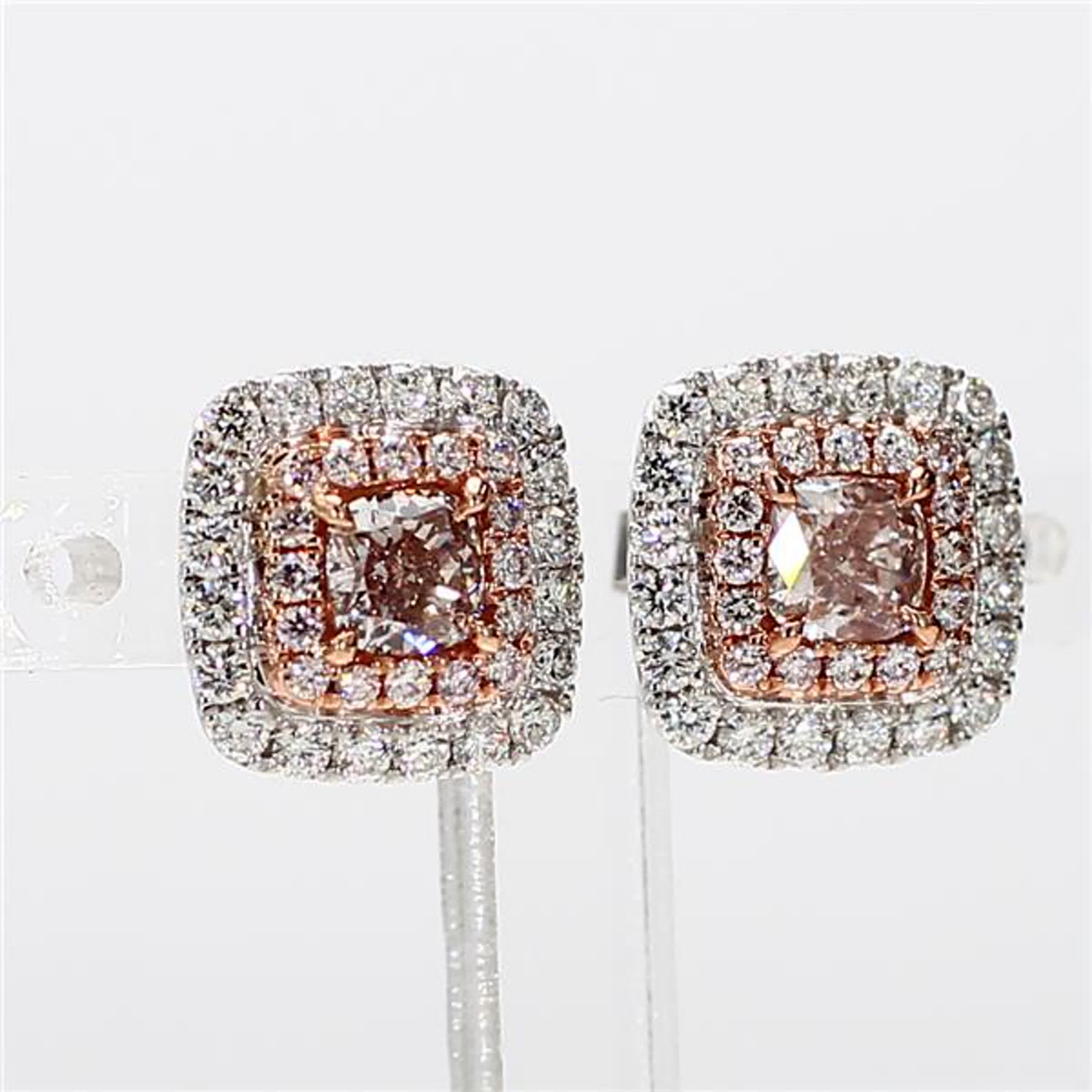 GIA Certified Natural Pink Cushion and White Diamond 1.36 Carat TW Gold Earrings