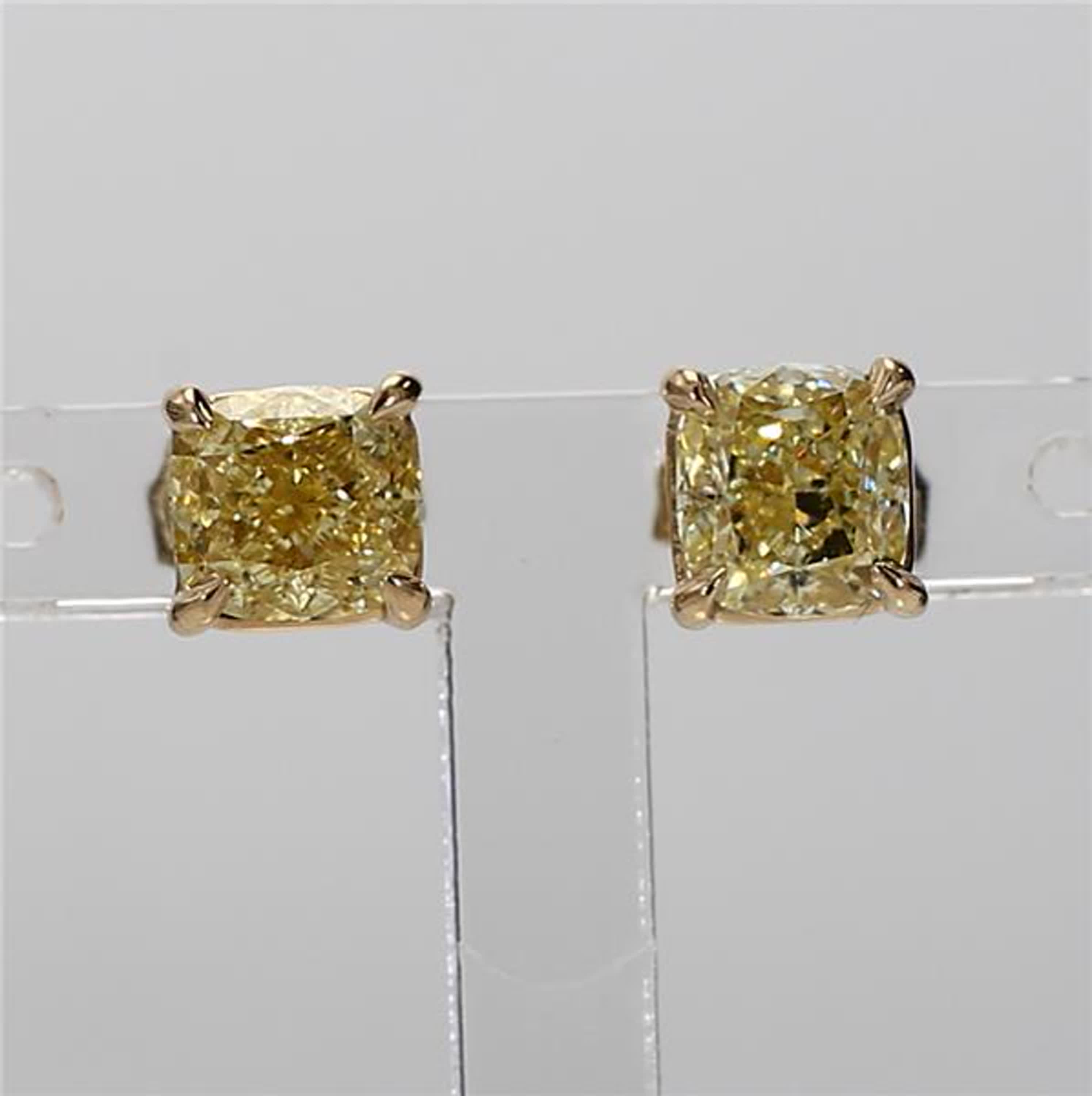 GIA Certified Natural Yellow Cushion Diamond 2.04 Carat TW Gold Stud Earrings