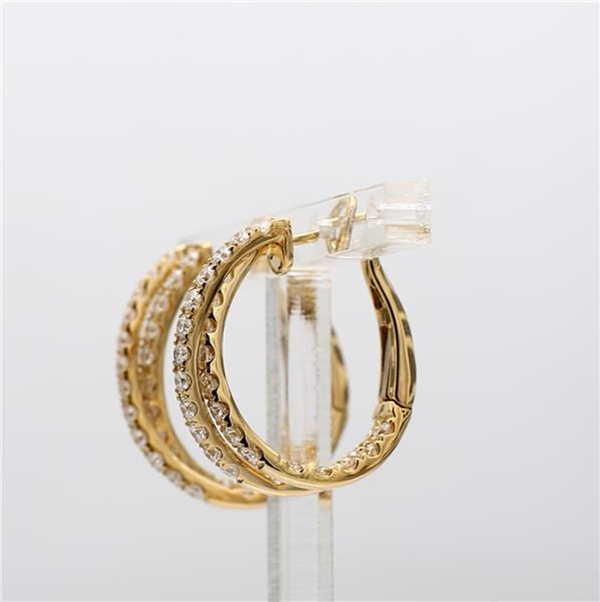 Natural White Round Diamond 1.66 Carat TW Yellow Gold Hoop Earrings