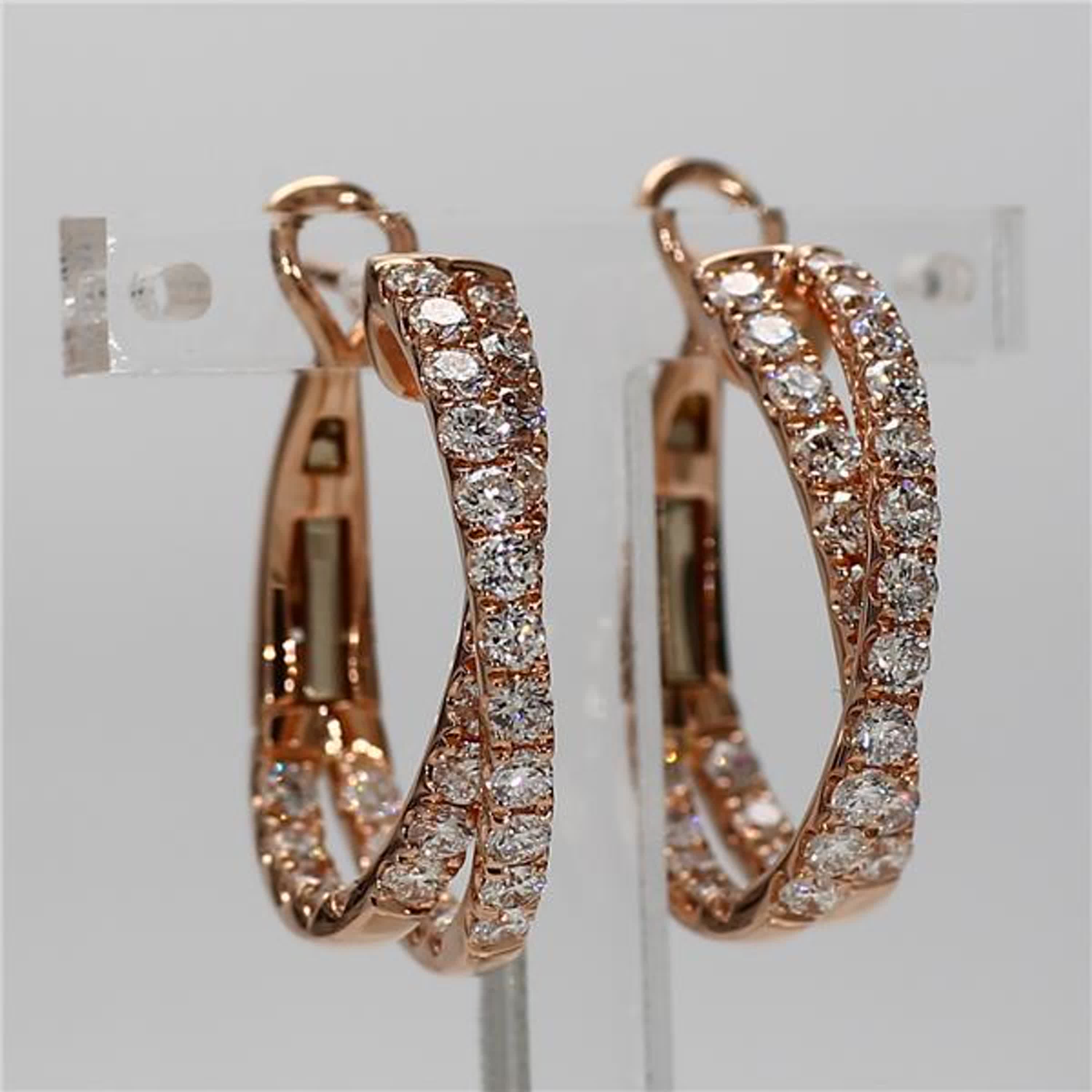 Natural White Round Diamond 1.66 Carat TW Rose Gold Hoop Earrings
