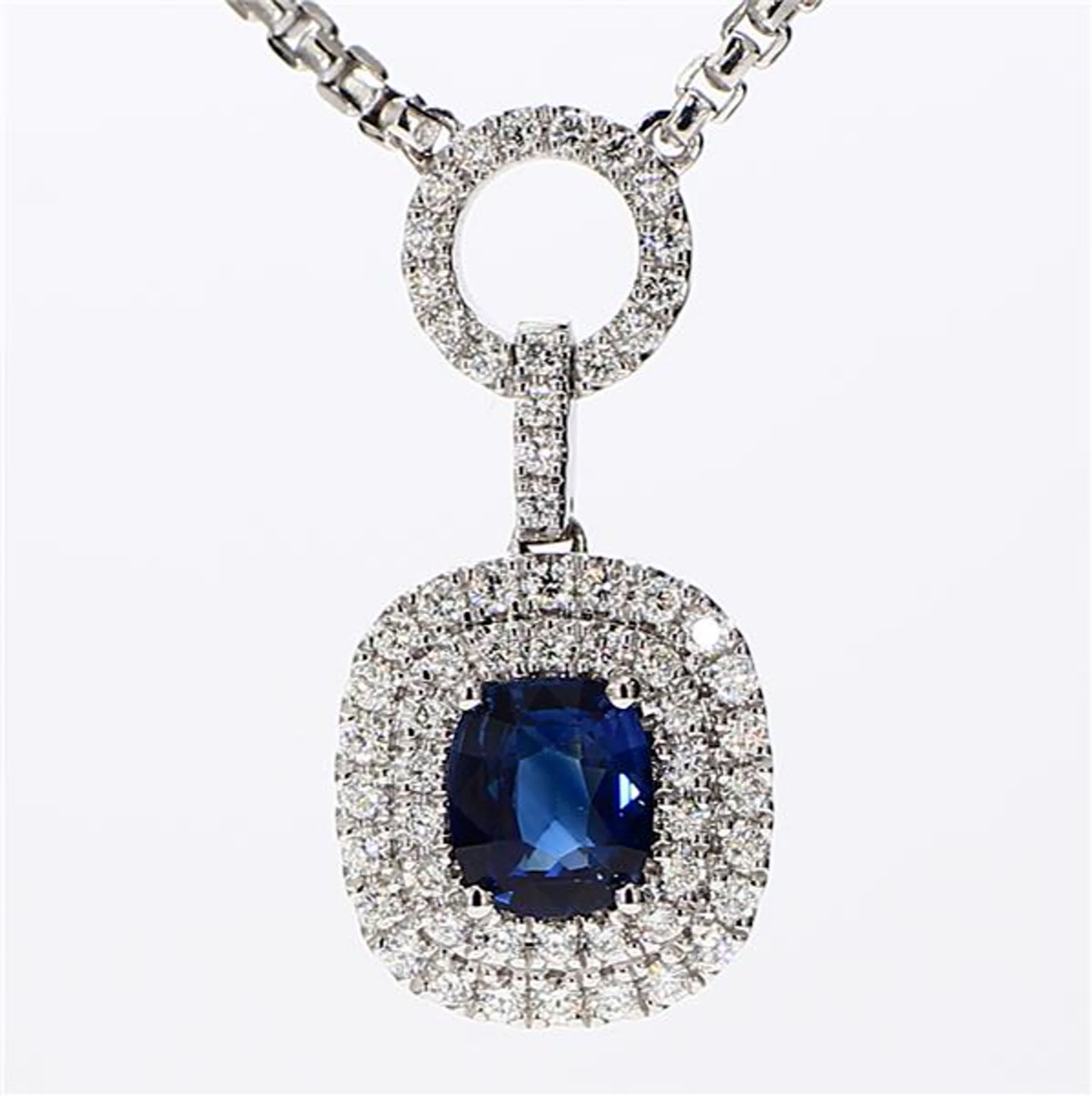 Natural Blue Cushion Sapphire and White Diamond 1.65 Carat TW White Gold Pendant