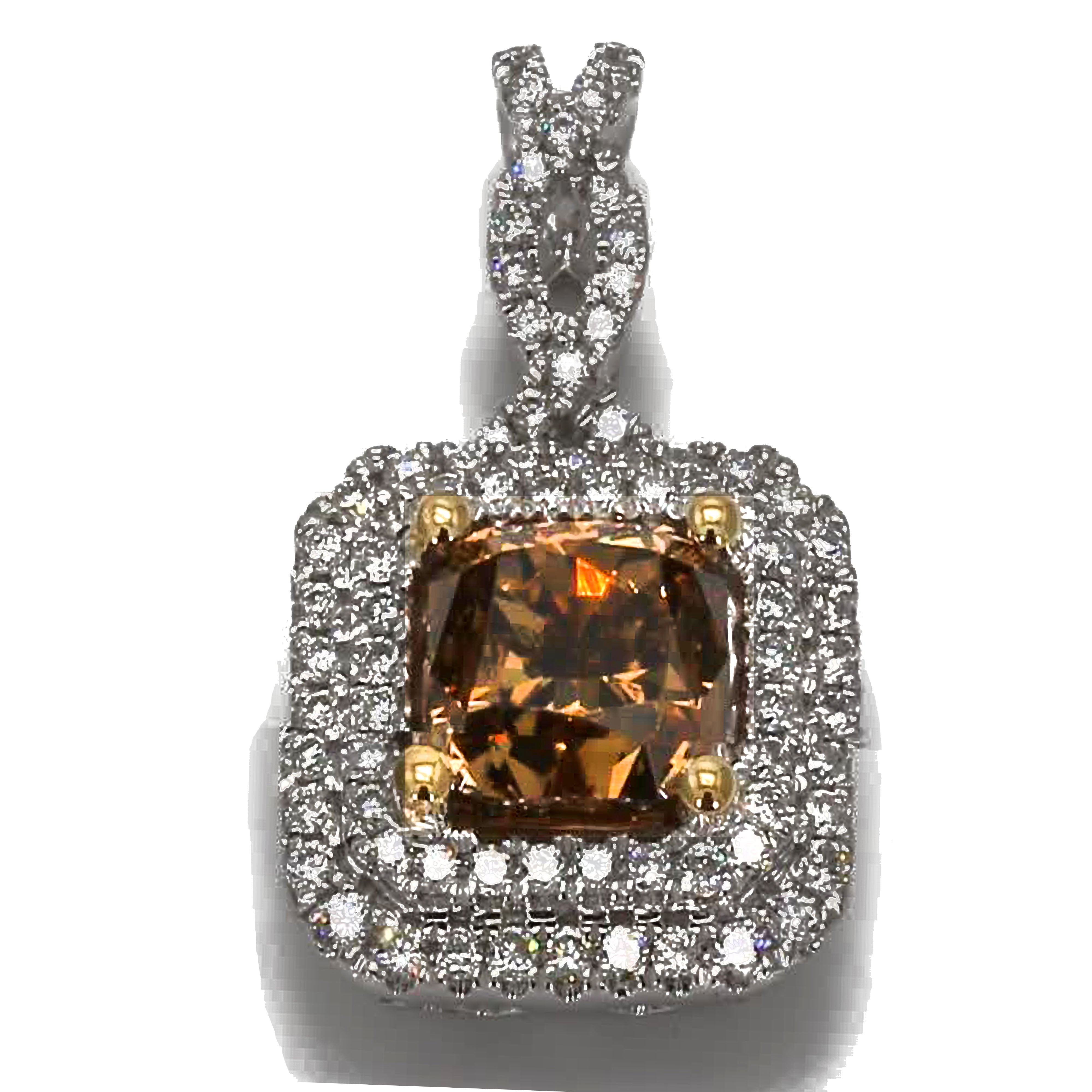 GIA Certified Natural Brown Radiant and White Diamond 2.42 CT TW Gold Pendant