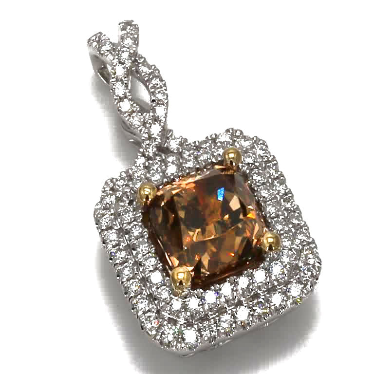 GIA Certified Natural Brown Radiant and White Diamond 2.42 CT TW Gold Pendant