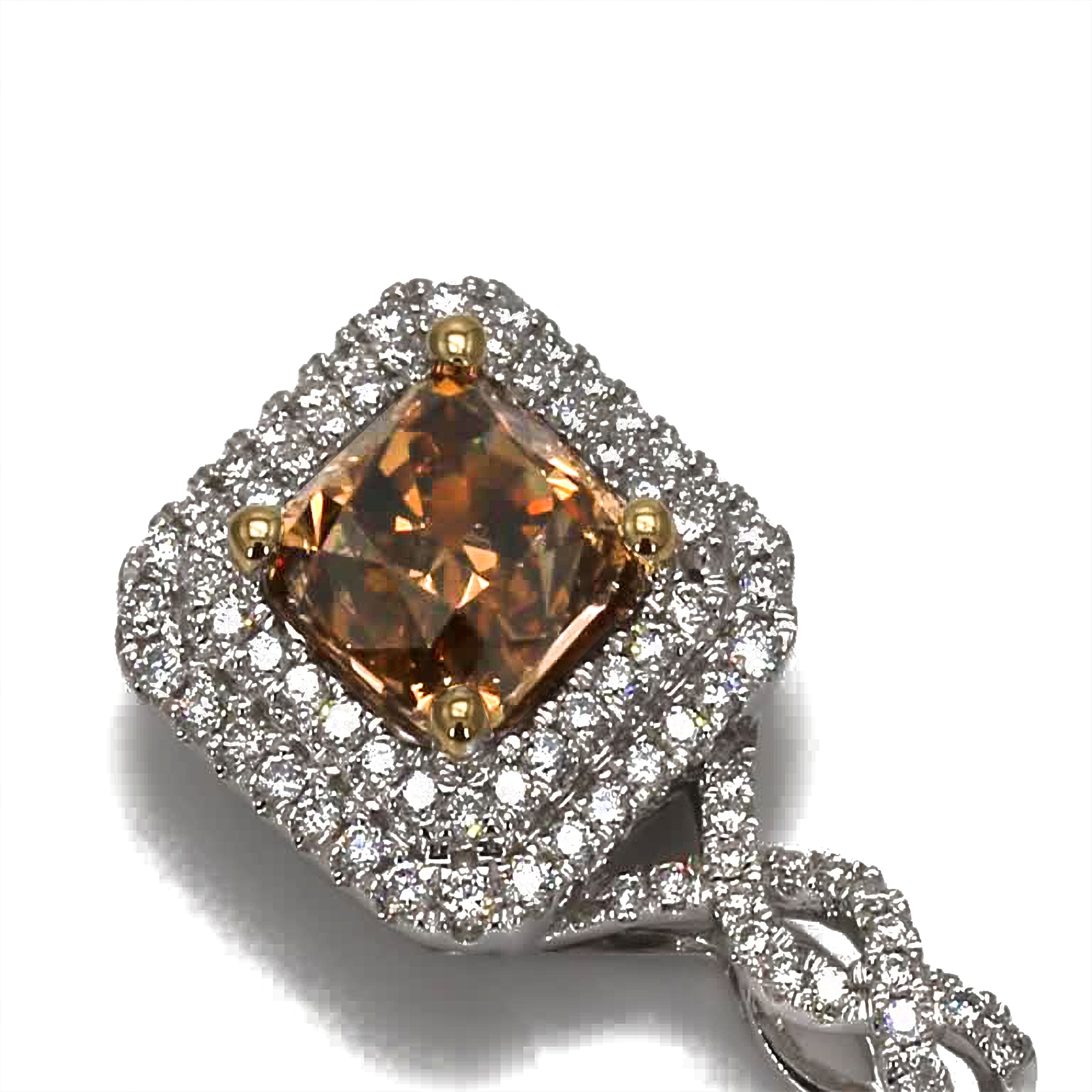 GIA Certified Natural Brown Radiant and White Diamond 2.42 CT TW Gold Pendant