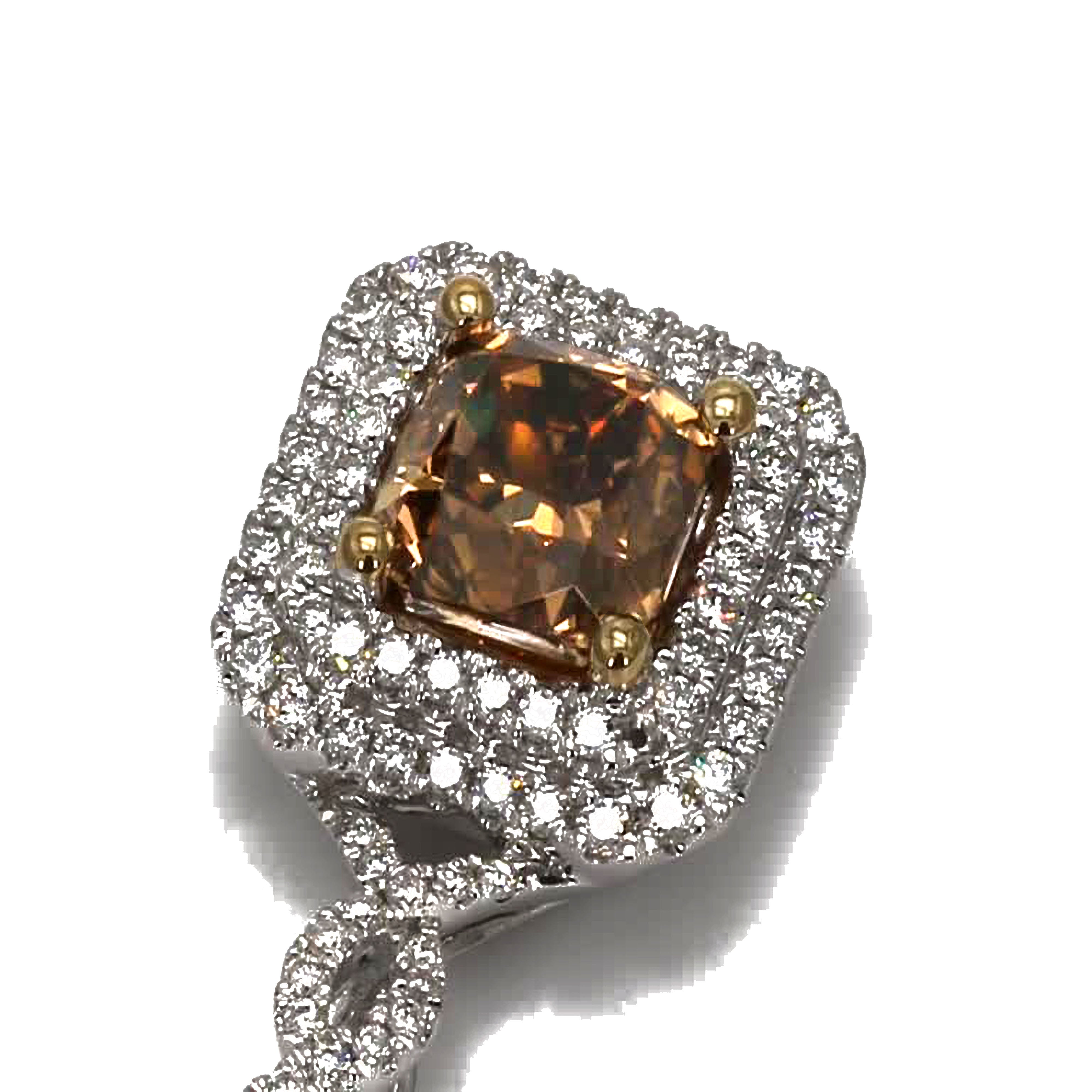 GIA Certified Natural Brown Radiant and White Diamond 2.42 CT TW Gold Pendant