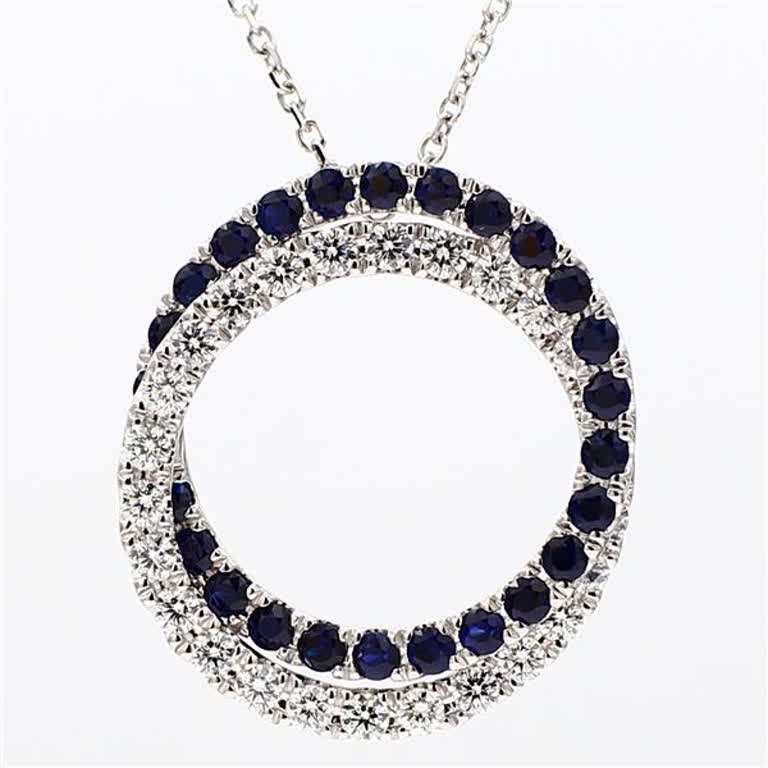 Natural Blue Round Sapphire and White Diamond 1.41 Carat TW White Gold Pendant