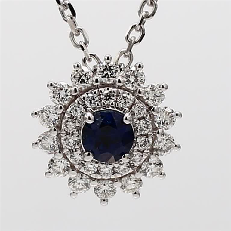 Natural Blue Round Sapphire and White Diamond ,72 Carat TW White Gold Pendant