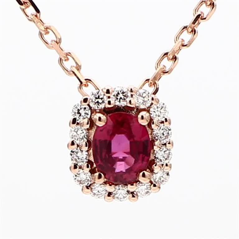 Natural Oval Red Ruby and White Diamond .58 Carat TW Rose Gold Pendant