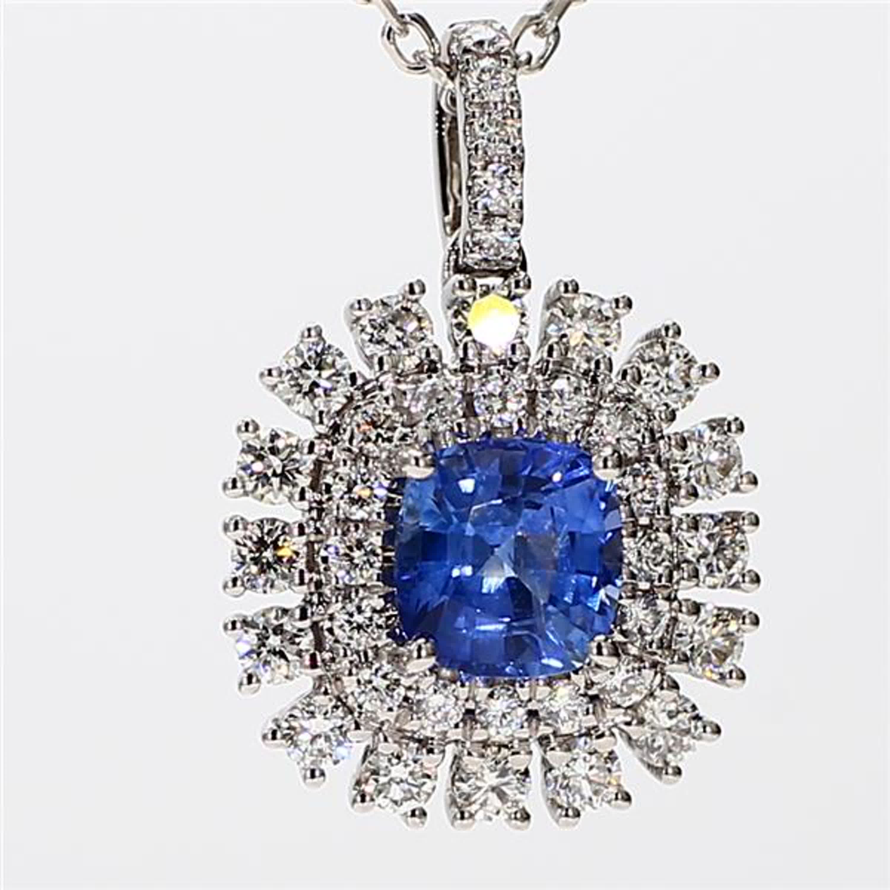 Natural Blue Cushion Sapphire and White Diamond 2.33 Carat TW White Gold Pendant