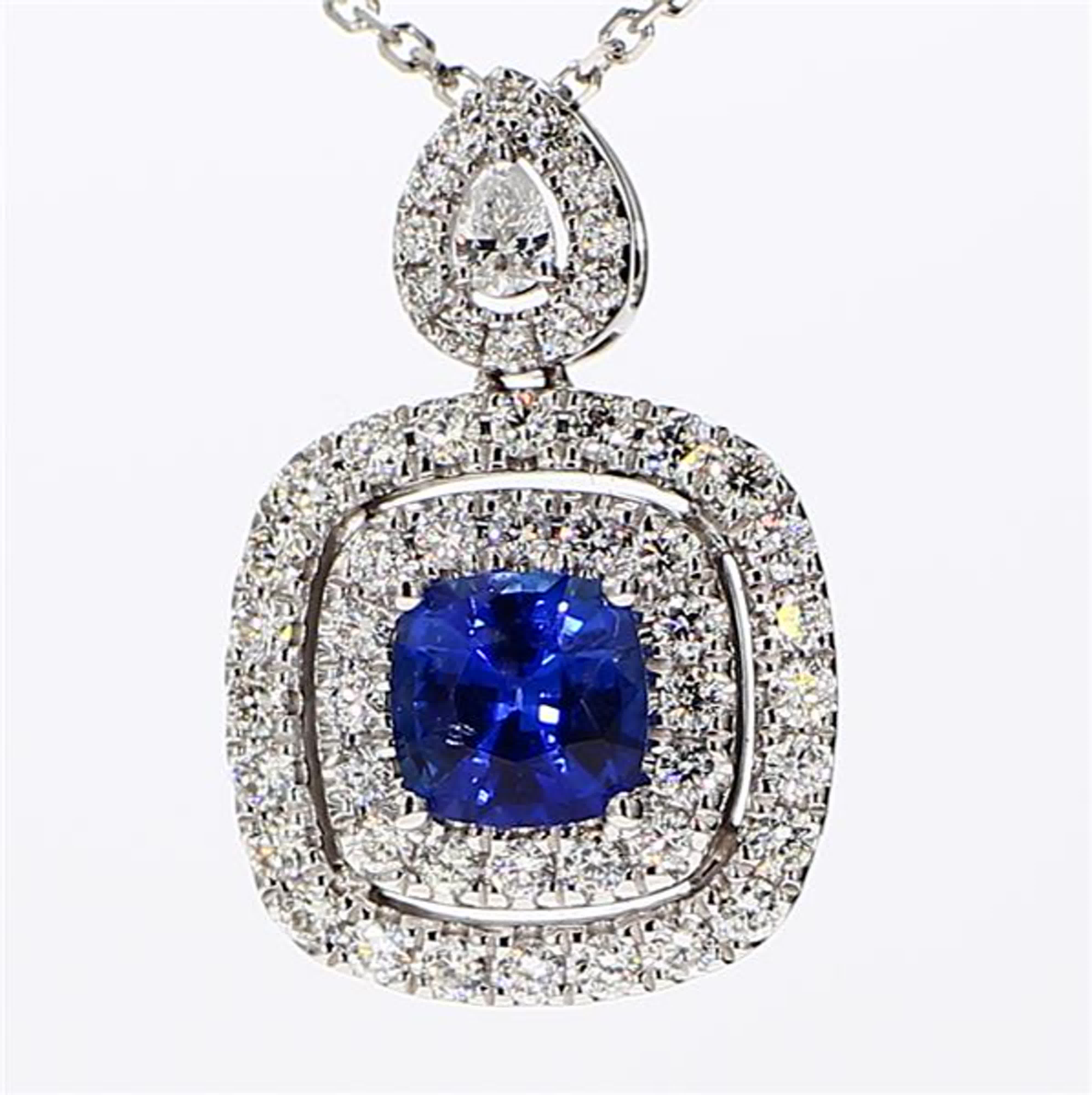 Natural Blue Cushion Sapphire and White Diamond 1.77 Carat TW White Gold Pendant