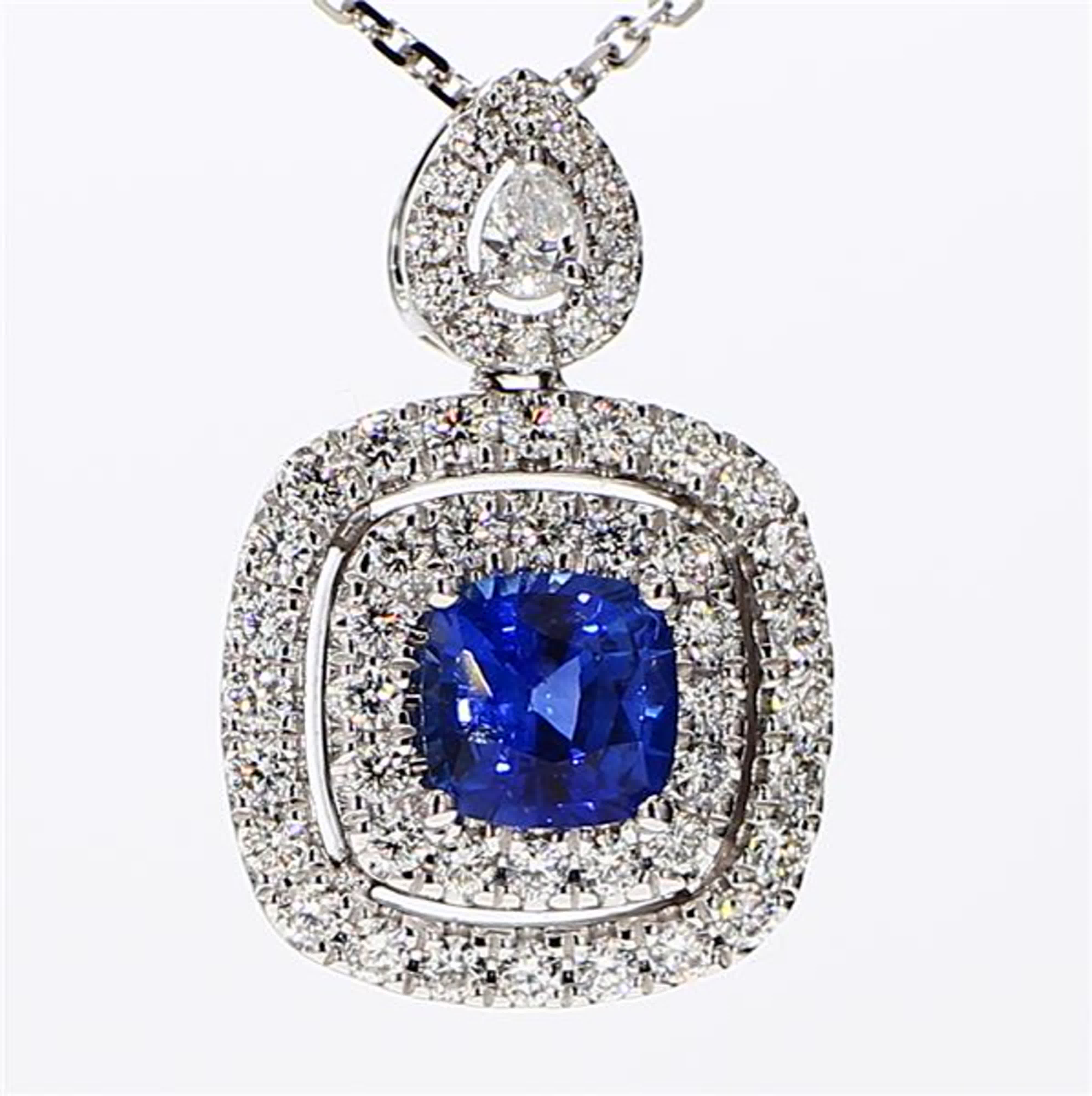 Natural Blue Cushion Sapphire and White Diamond 1.77 Carat TW White Gold Pendant