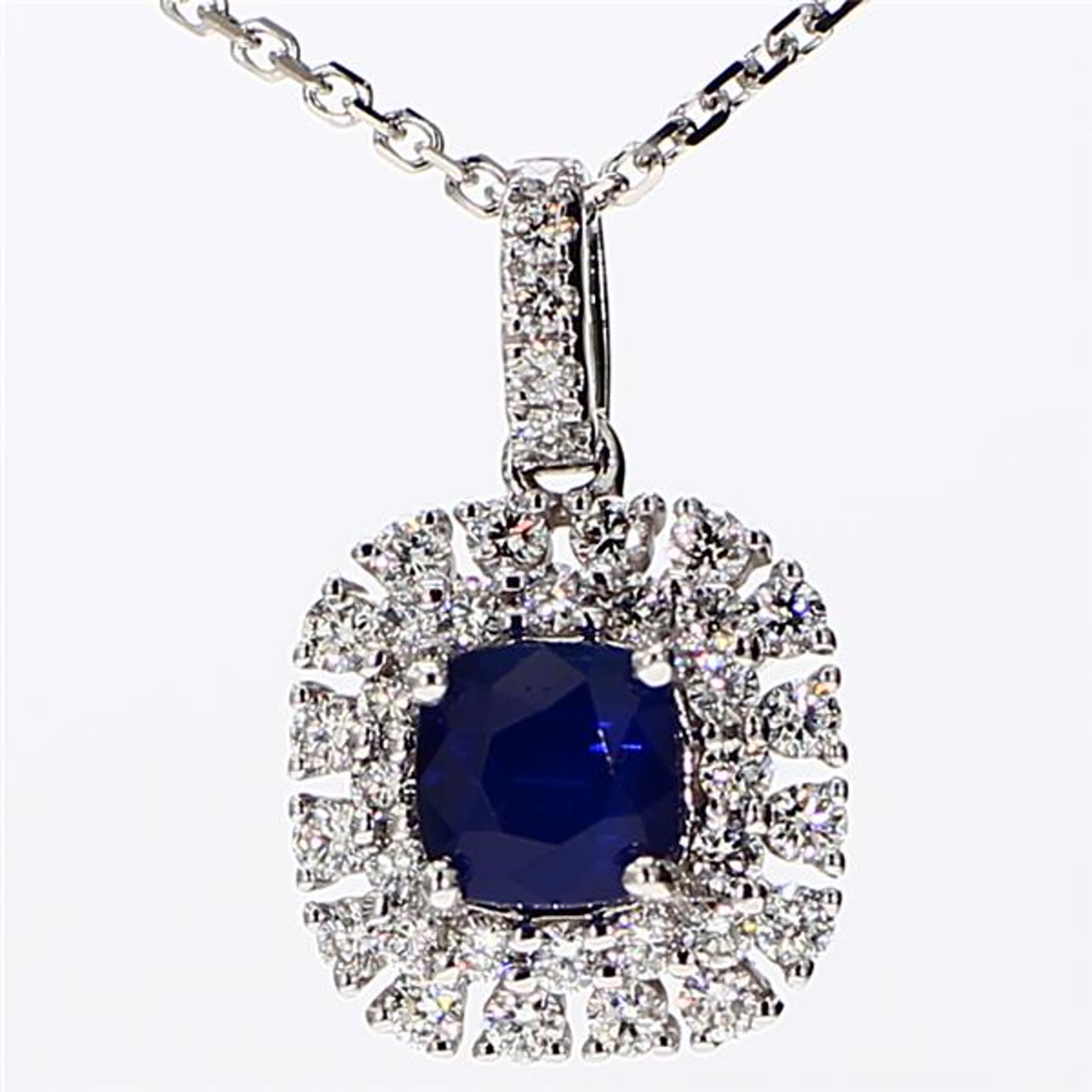 Natural Blue Cushion Sapphire and White Diamond 1.43 Carat TW White Gold Pendant